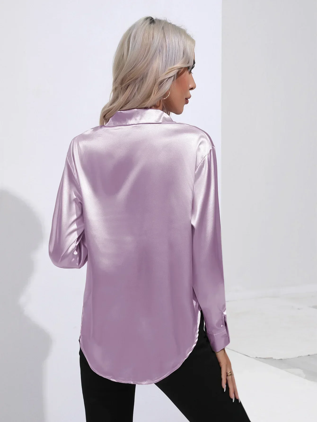 Women's Blouse - Satin - Relaxed Fit - Long Sleeves - Classic Button Closure - Image 22