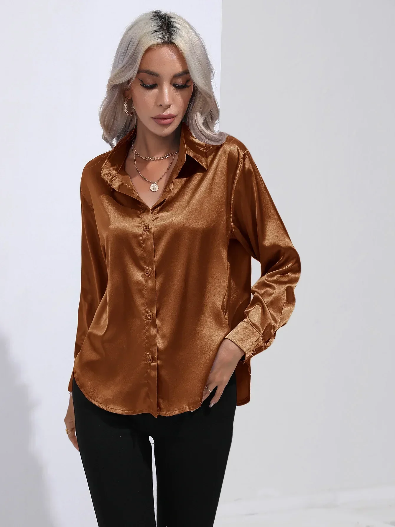 Women's Blouse - Satin - Relaxed Fit - Long Sleeves - Classic Button Closure - Image 23