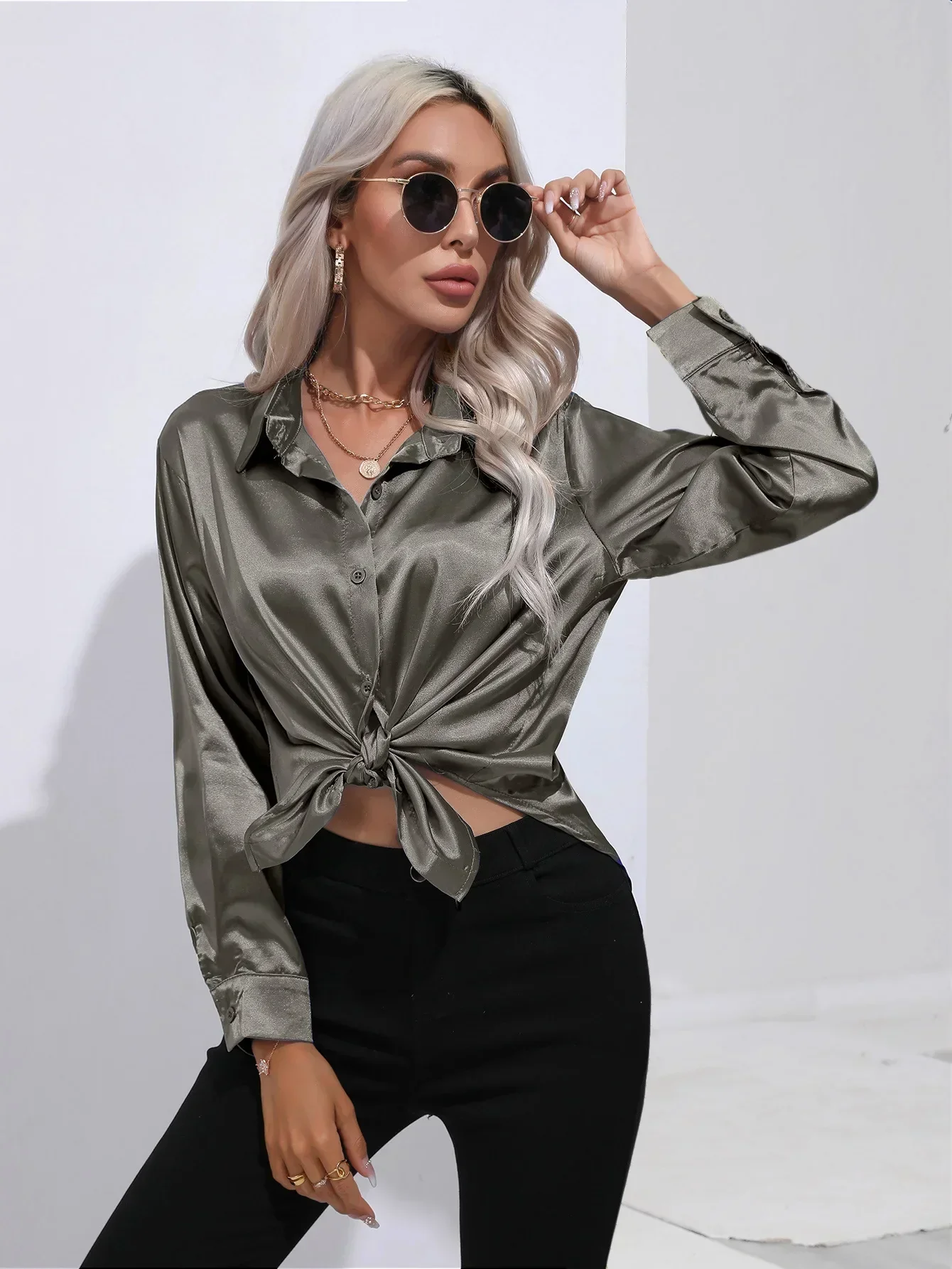 Women's Blouse - Satin - Relaxed Fit - Long Sleeves - Classic Button Closure - Image 24