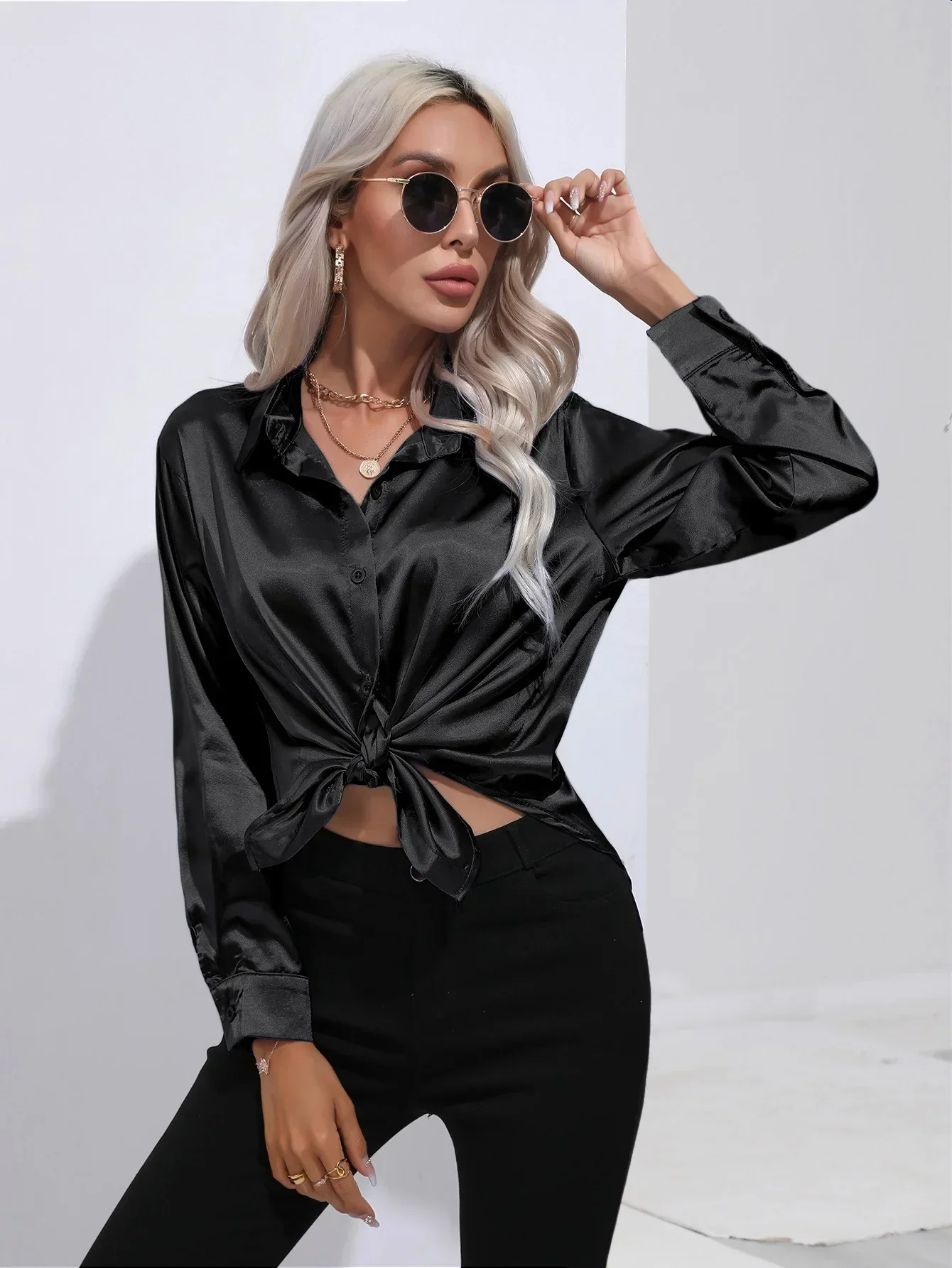 Women's Blouse - Satin - Relaxed Fit - Long Sleeves - Classic Button Closure - Image 27