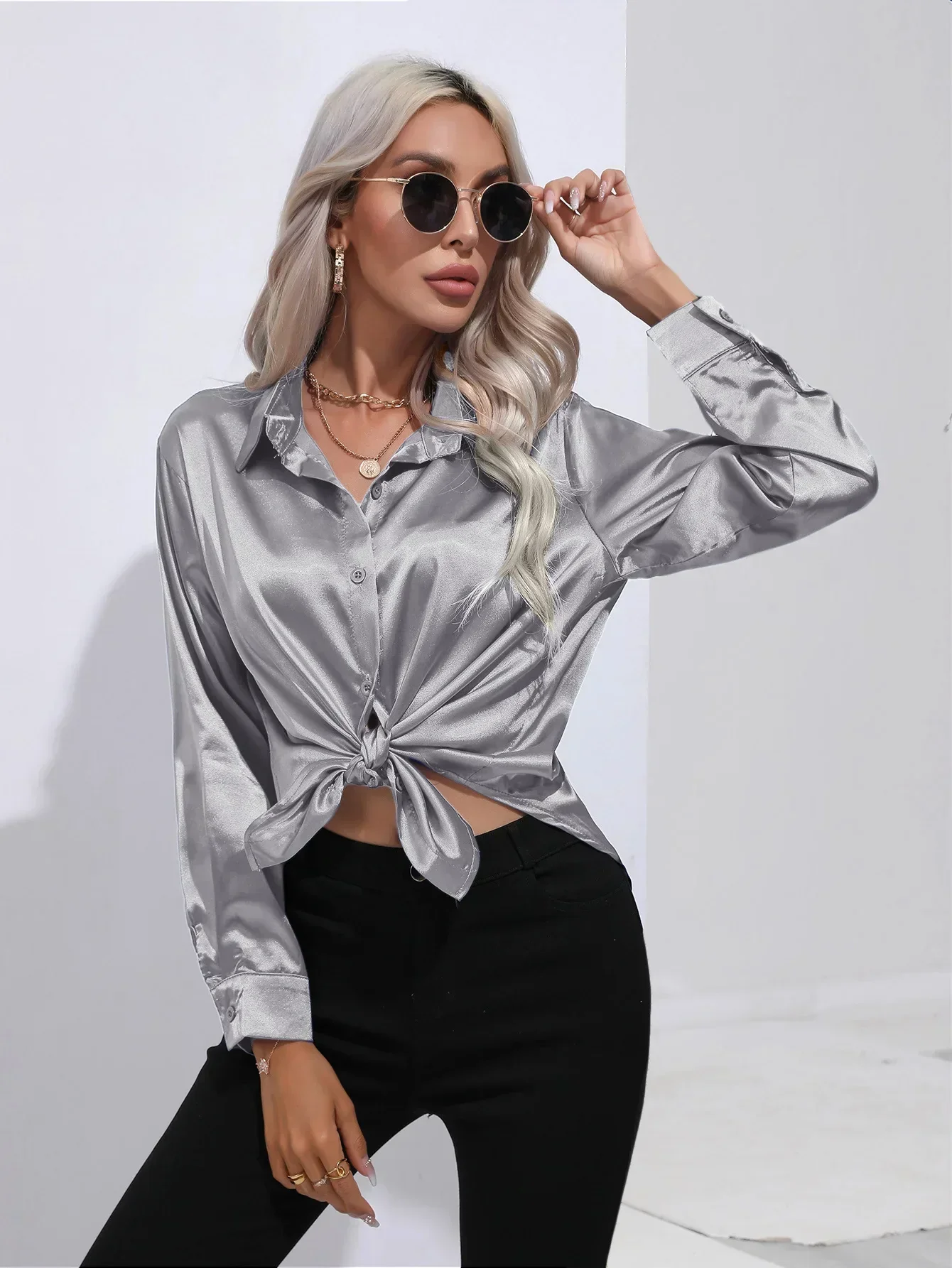 Women's Blouse - Satin - Relaxed Fit - Long Sleeves - Classic Button Closure - Image 28