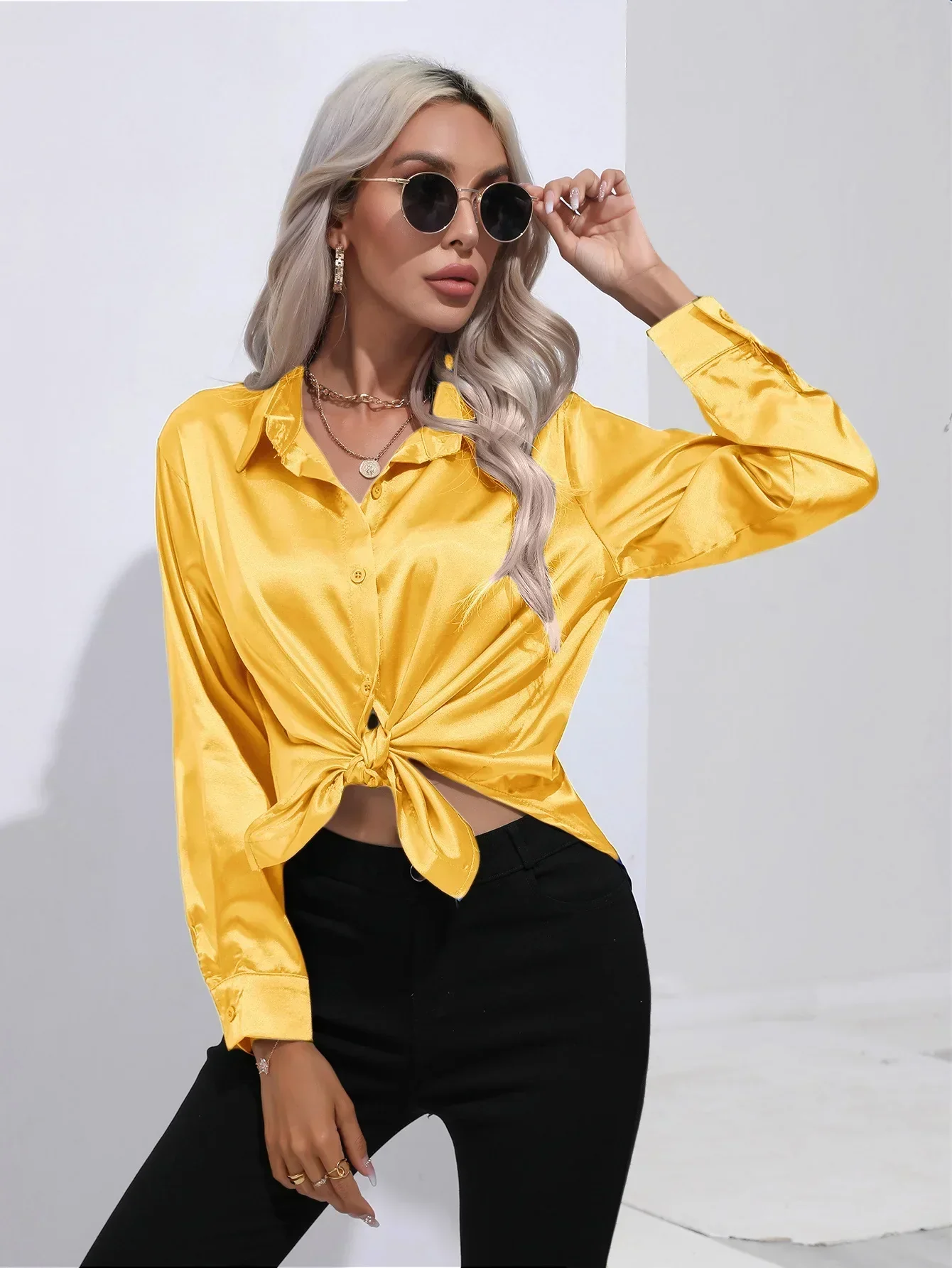 Women's Blouse - Satin - Relaxed Fit - Long Sleeves - Classic Button Closure - Image 29