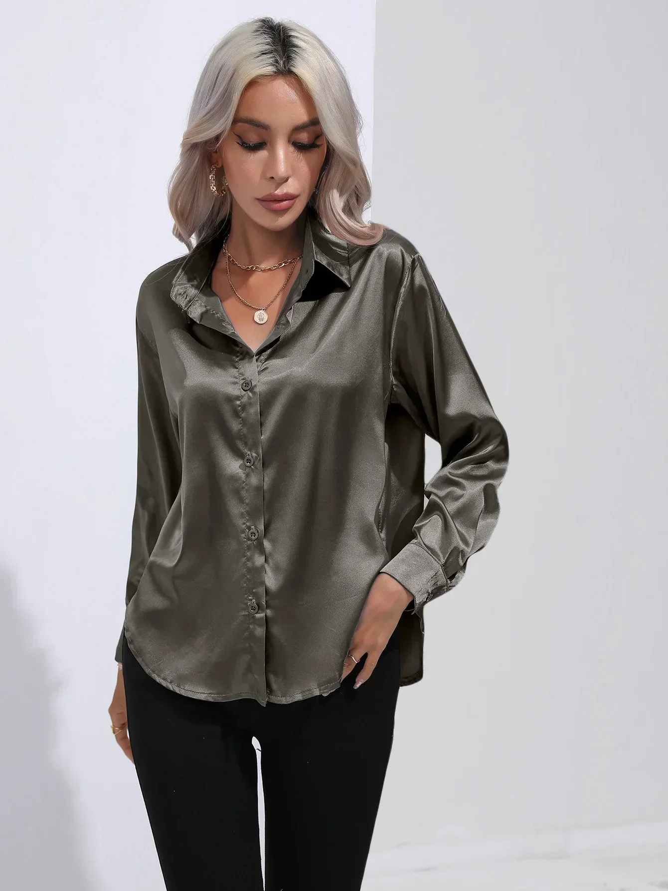 Women's Blouse - Satin - Relaxed Fit - Long Sleeves - Classic Button Closure - Image 30