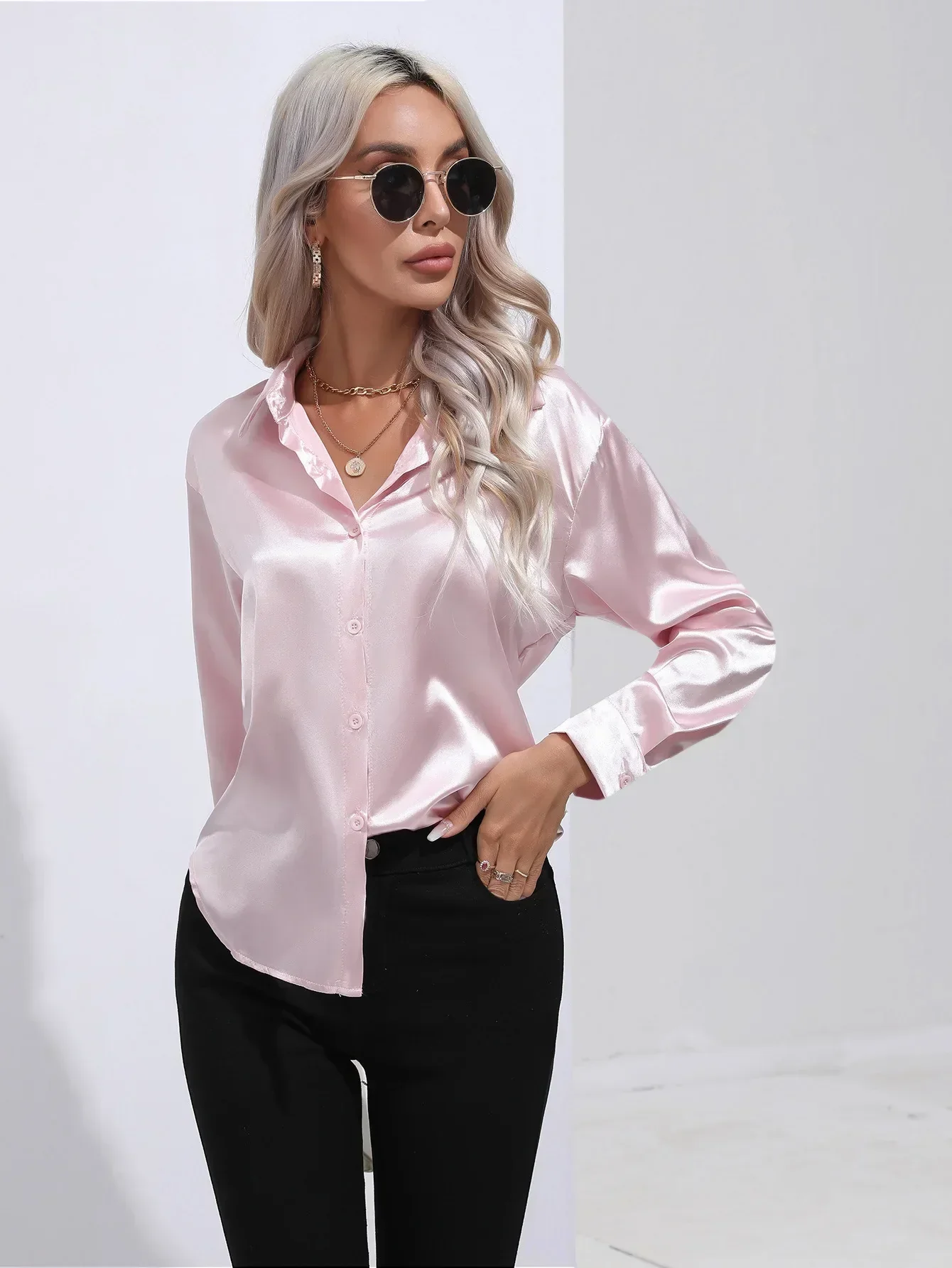 Women's Blouse - Satin - Relaxed Fit - Long Sleeves - Classic Button Closure - Image 32