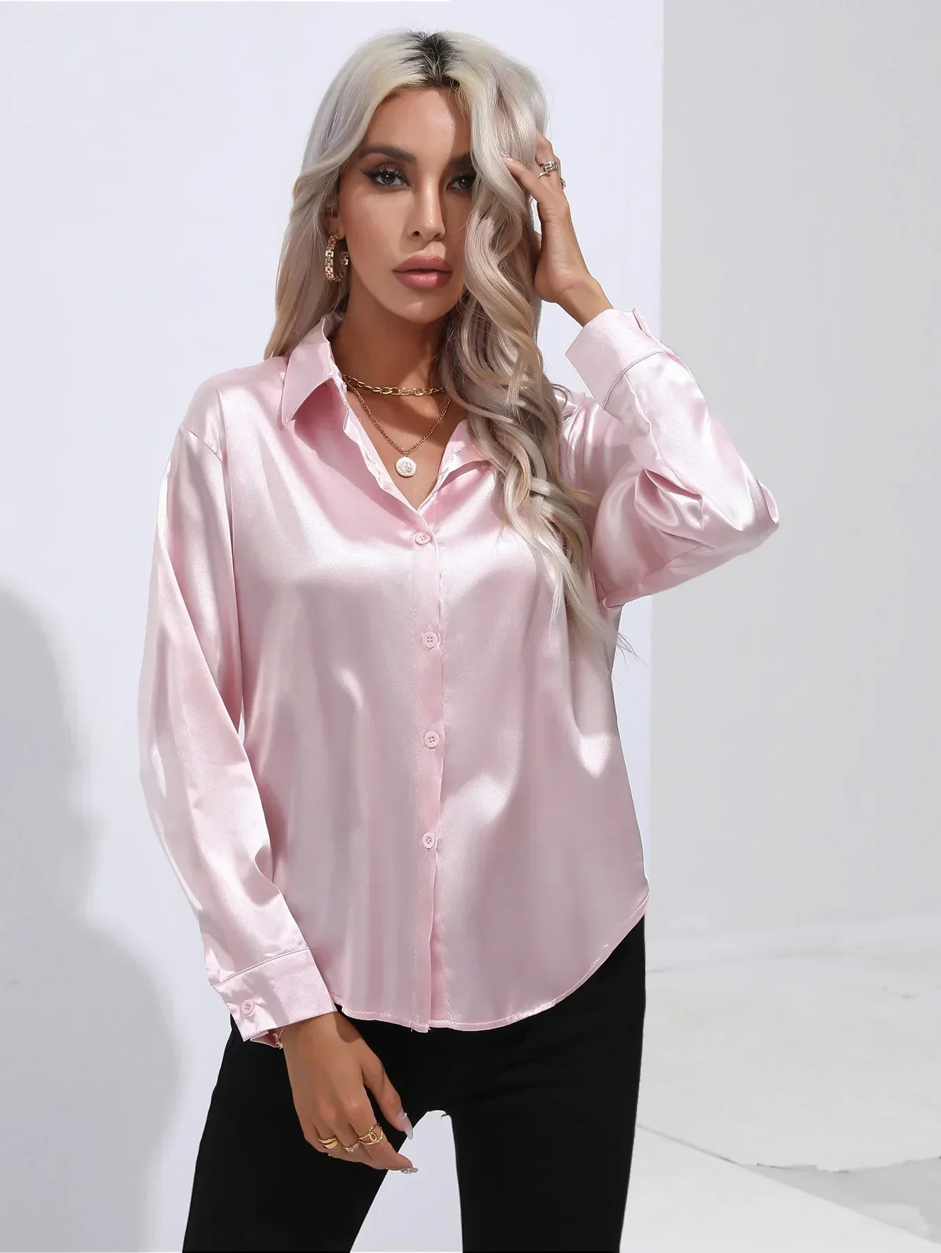 Women's Blouse - Satin - Relaxed Fit - Long Sleeves - Classic Button Closure - Image 33