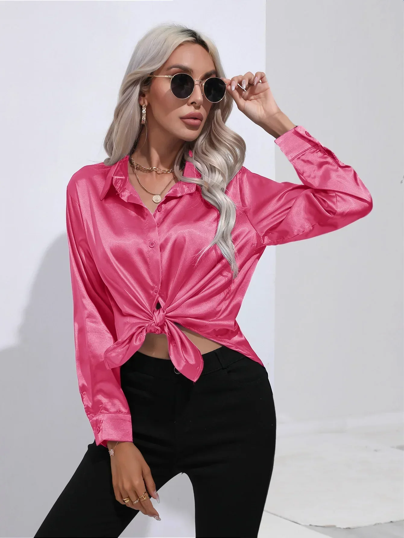 Women's Blouse - Satin - Relaxed Fit - Long Sleeves - Classic Button Closure - Image 36