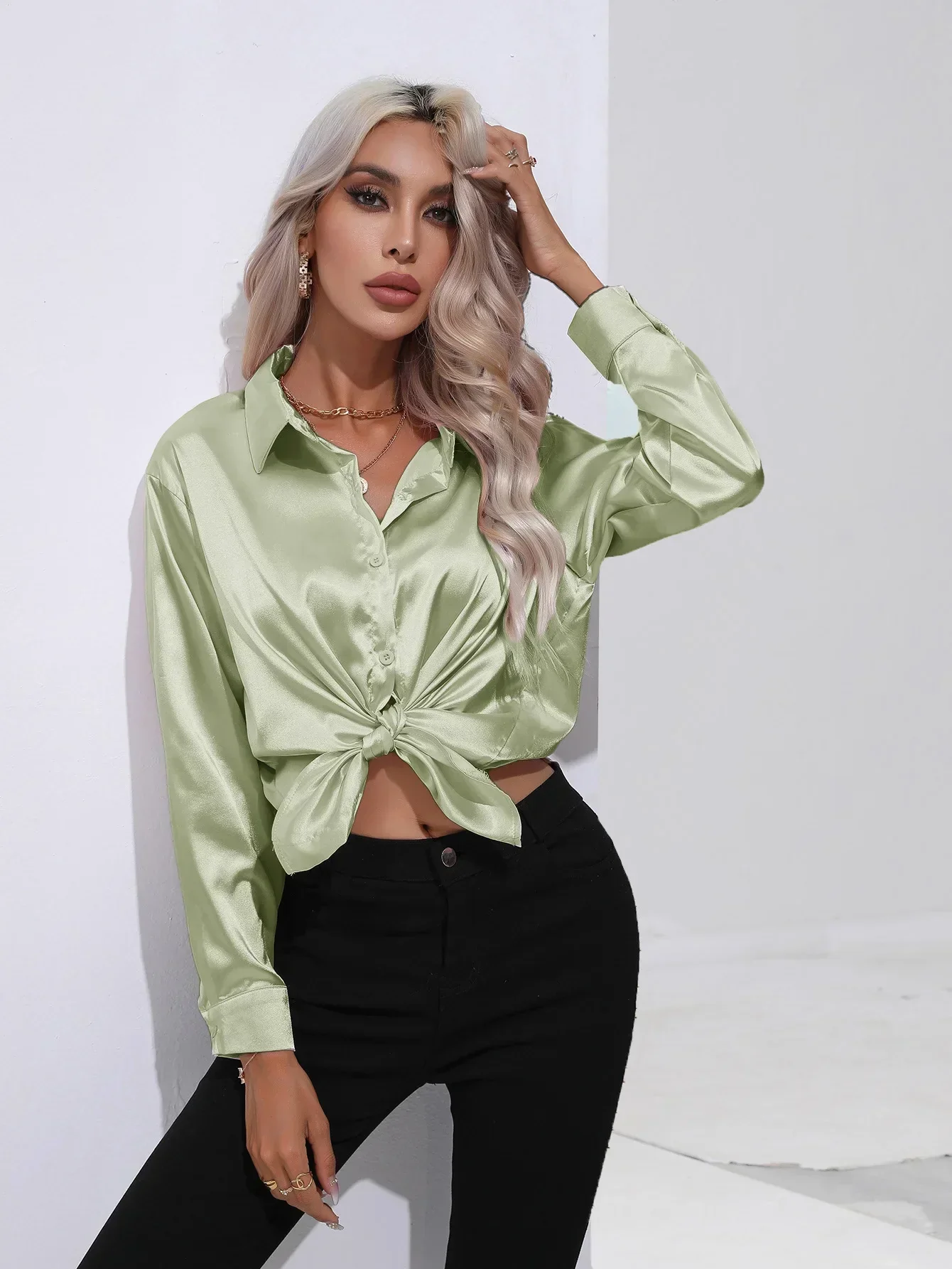 Women's Blouse - Satin - Relaxed Fit - Long Sleeves - Classic Button Closure - Image 4