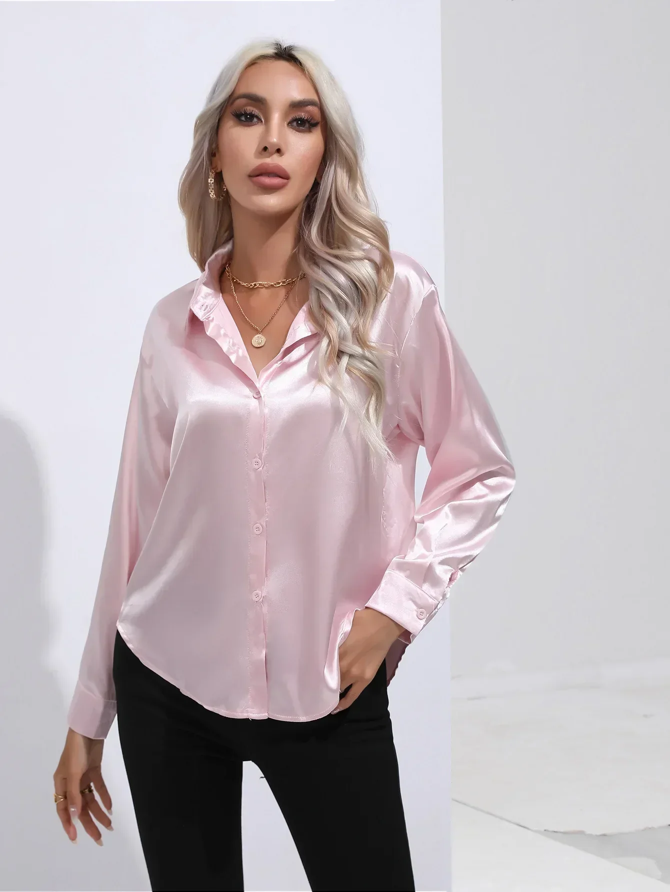 Women's Blouse - Satin - Relaxed Fit - Long Sleeves - Classic Button Closure - Image 40