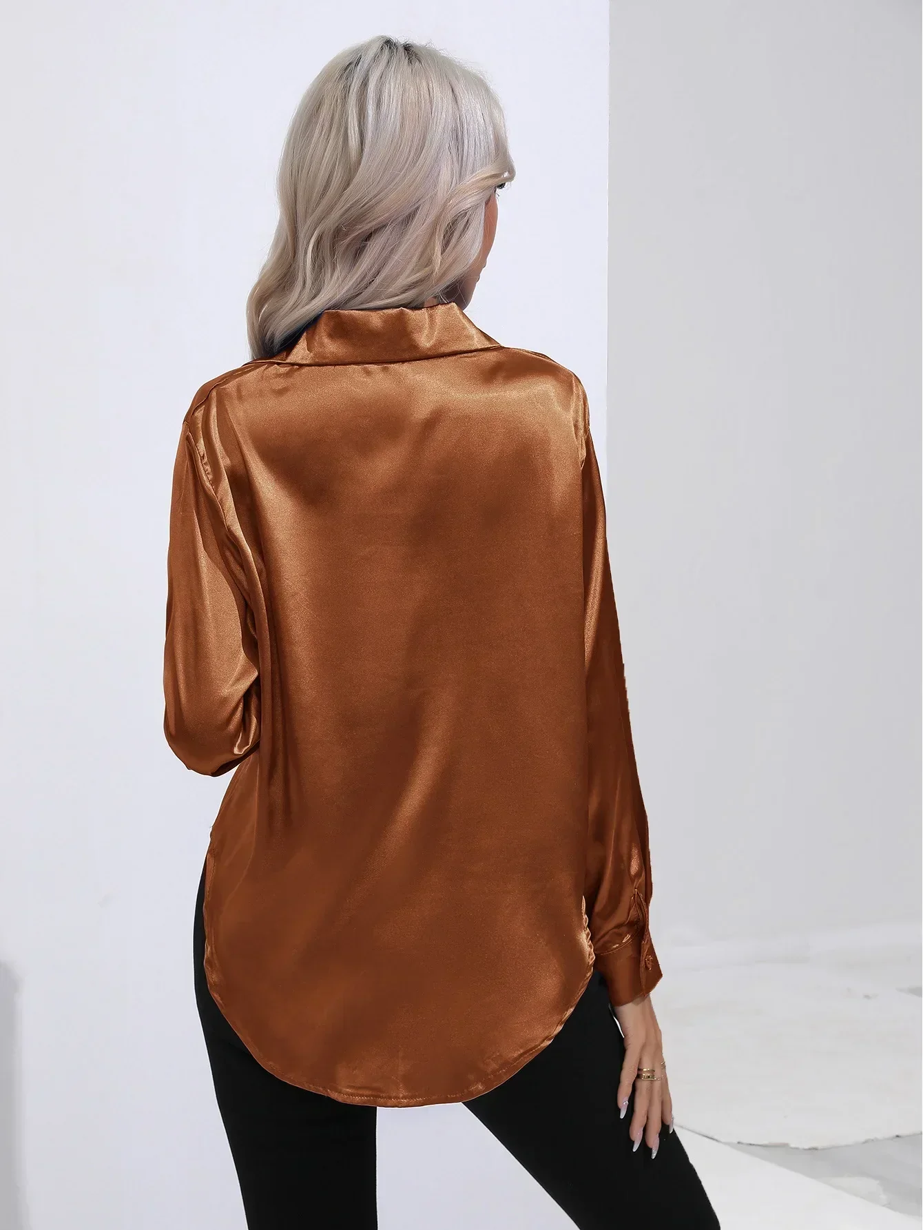 Women's Blouse - Satin - Relaxed Fit - Long Sleeves - Classic Button Closure - Image 42