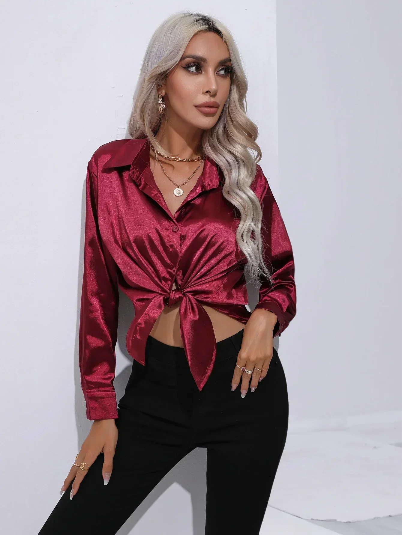 Women's Blouse - Satin - Relaxed Fit - Long Sleeves - Classic Button Closure - Image 43