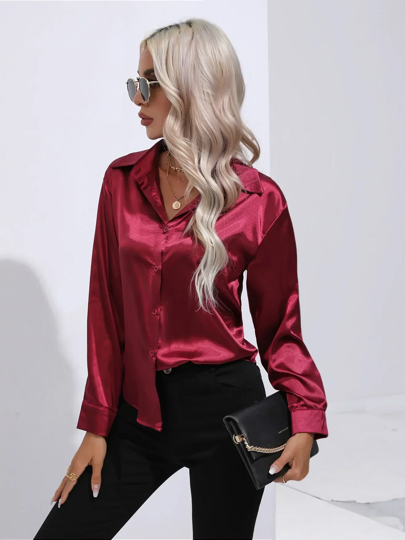 Women's Blouse - Satin - Relaxed Fit - Long Sleeves - Classic Button Closure - Image 44