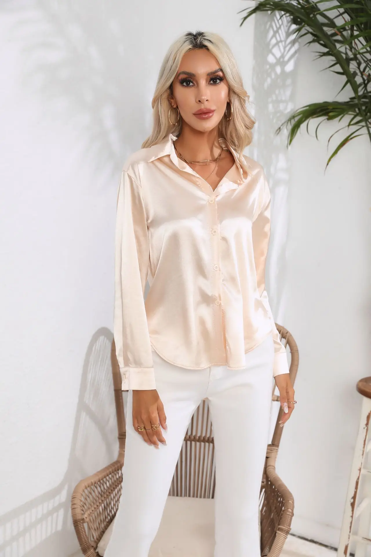 Women's Blouse - Satin - Relaxed Fit - Long Sleeves - Classic Button Closure - Image 45