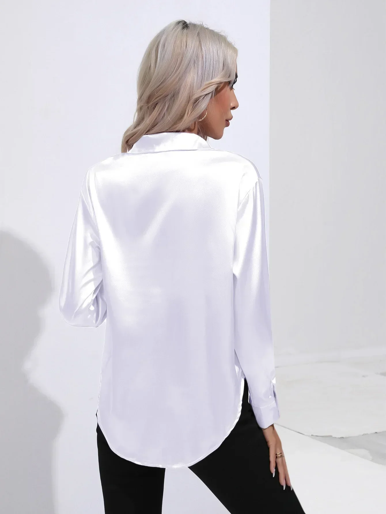 Women's Blouse - Satin - Relaxed Fit - Long Sleeves - Classic Button Closure - Image 46