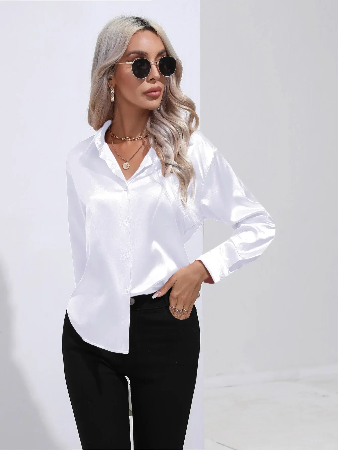 Women's Blouse - Satin - Relaxed Fit - Long Sleeves - Classic Button Closure - Image 47