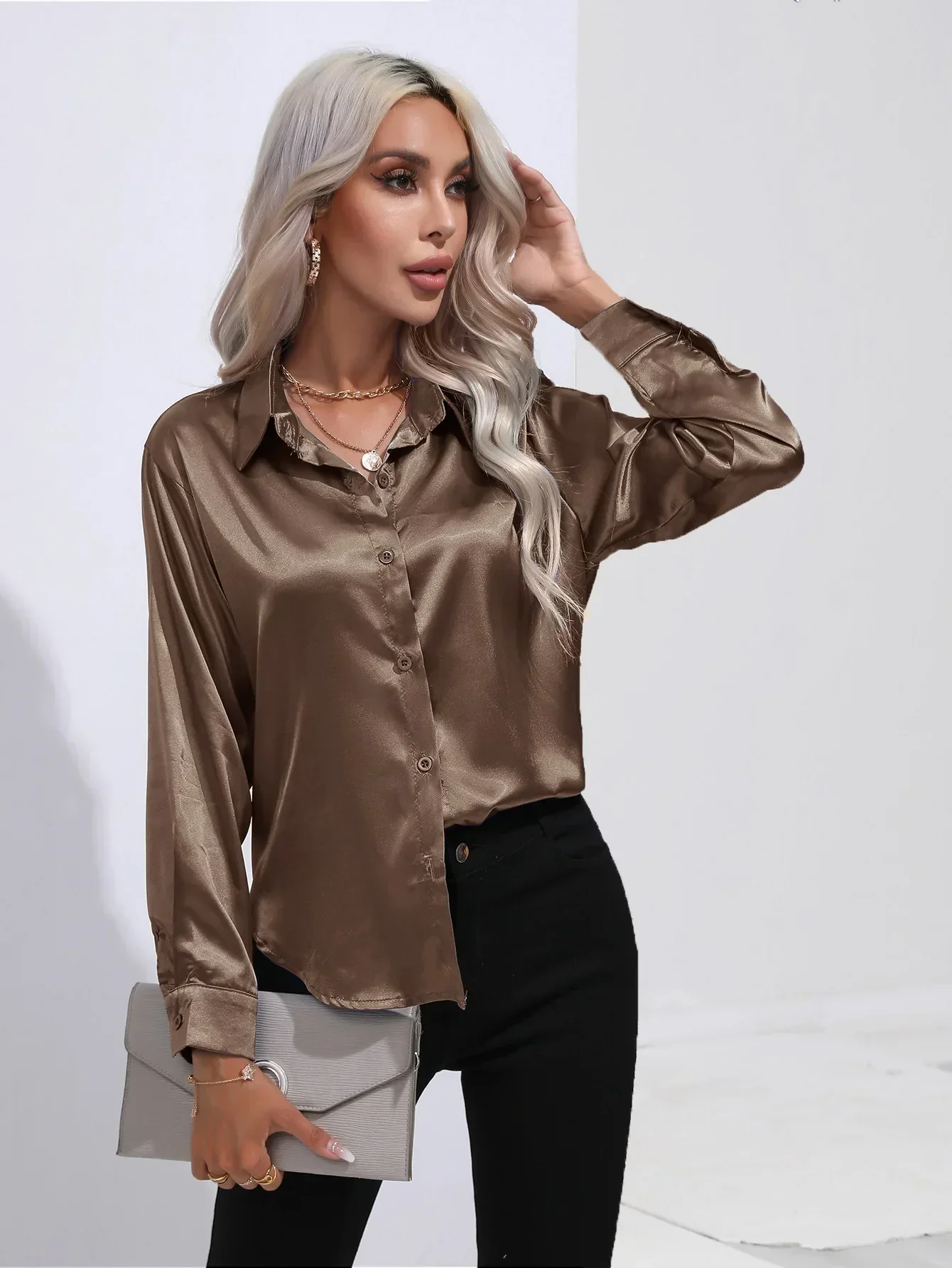 Women's Blouse - Satin - Relaxed Fit - Long Sleeves - Classic Button Closure - Image 48