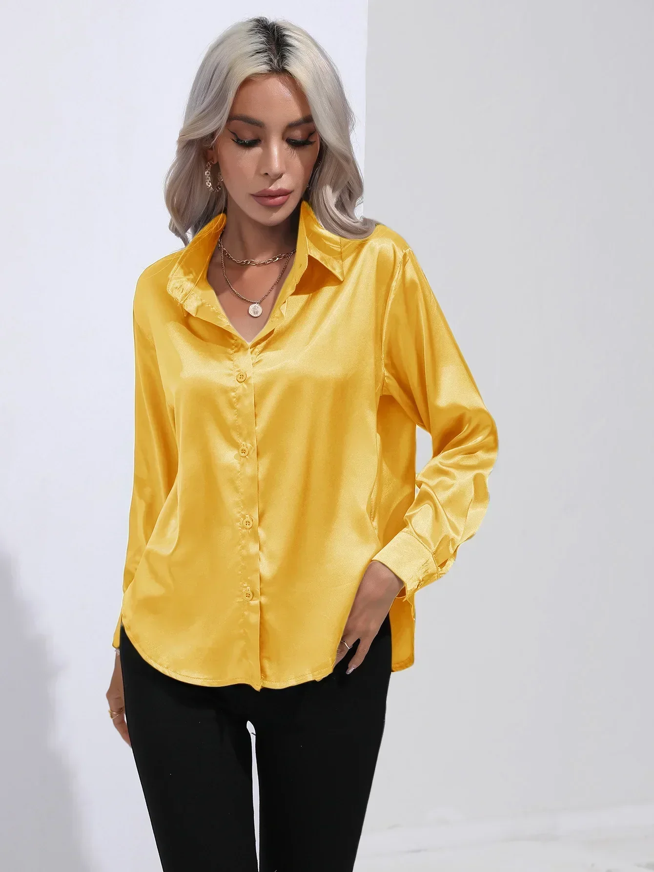 Women's Blouse - Satin - Relaxed Fit - Long Sleeves - Classic Button Closure - Image 49