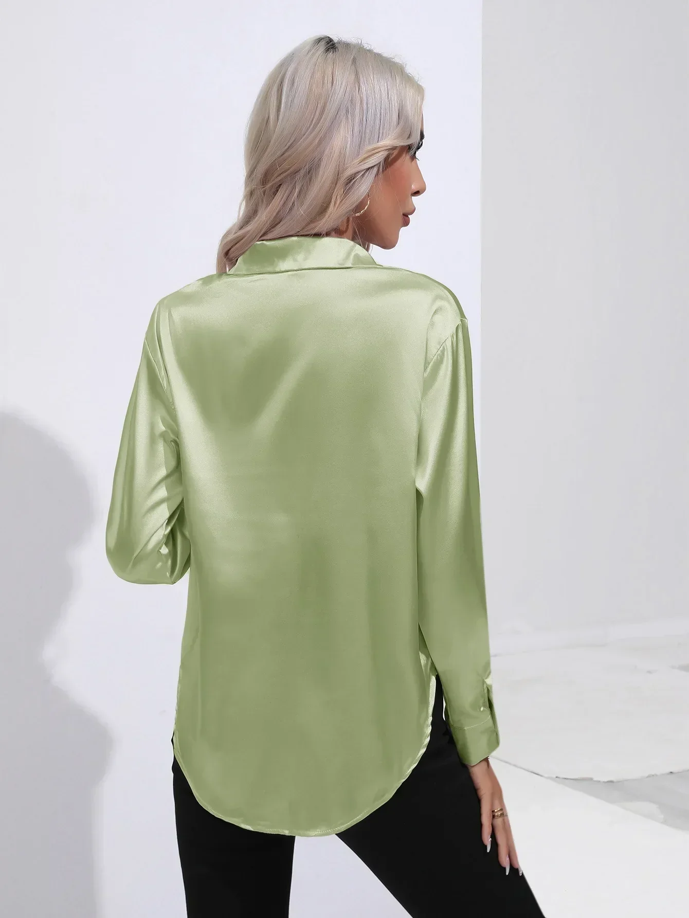Women's Blouse - Satin - Relaxed Fit - Long Sleeves - Classic Button Closure - Image 5