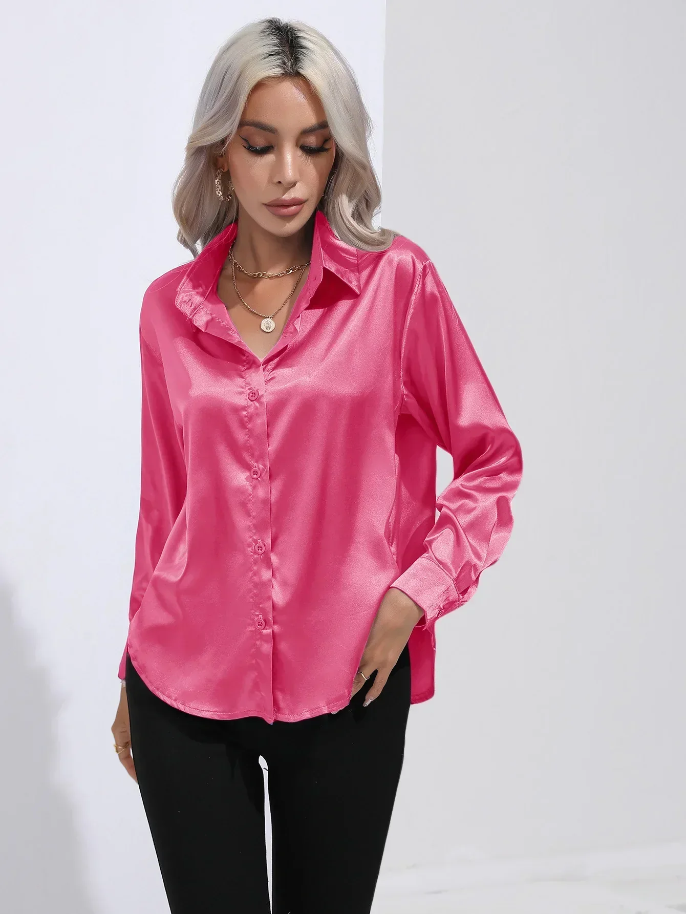 Women's Blouse - Satin - Relaxed Fit - Long Sleeves - Classic Button Closure - Image 51
