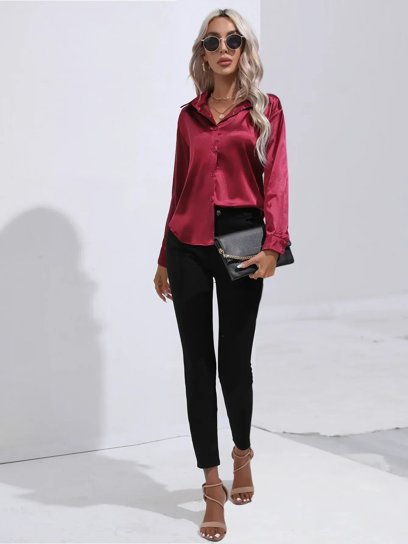 Women's Blouse - Satin - Relaxed Fit - Long Sleeves - Classic Button Closure - Image 53