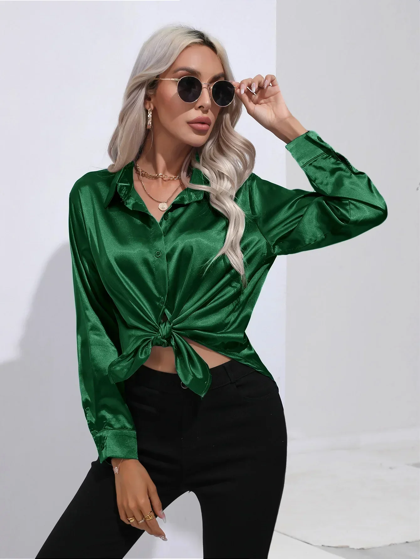 Women's Blouse - Satin - Relaxed Fit - Long Sleeves - Classic Button Closure - Image 54