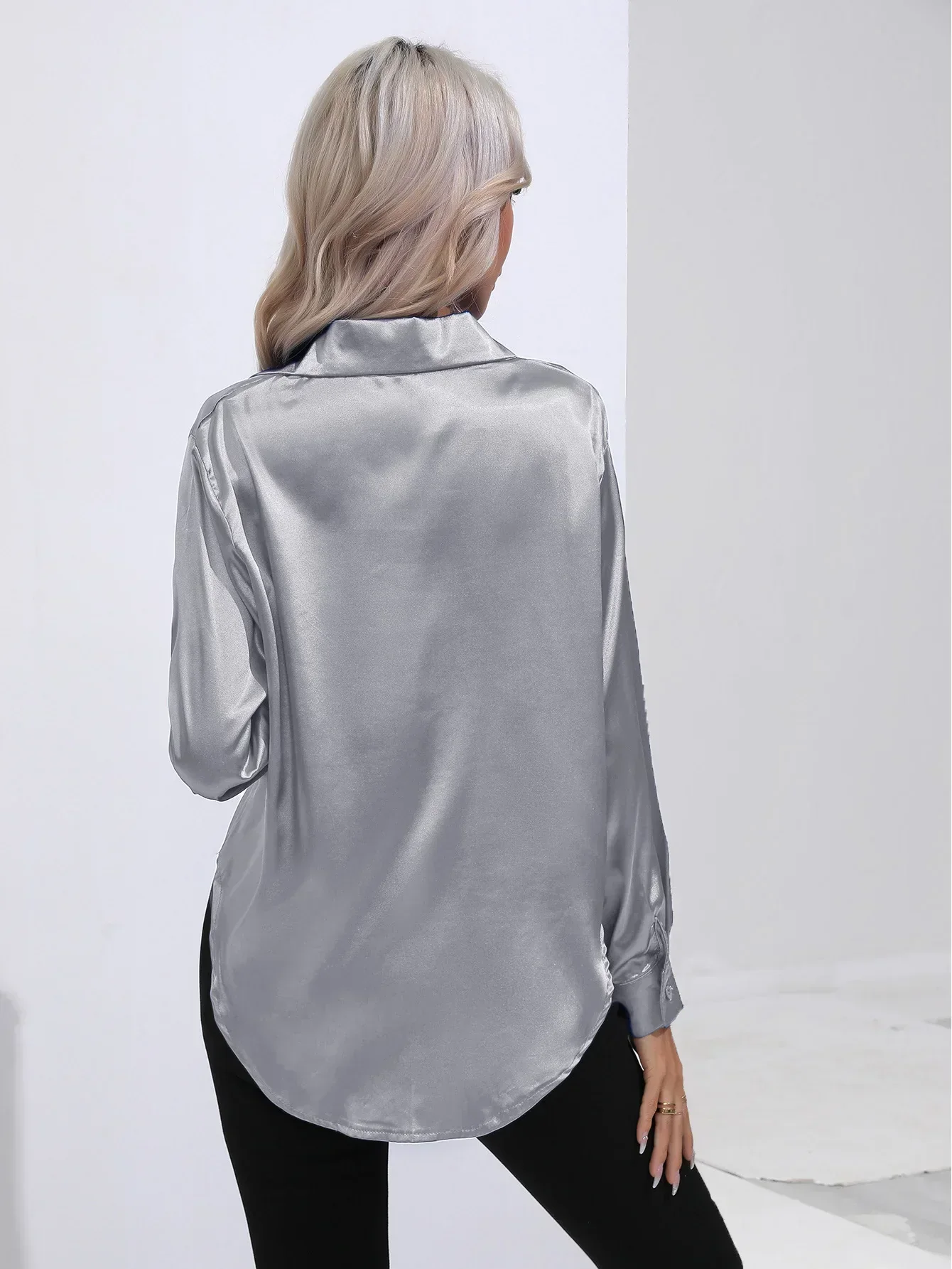 Women's Blouse - Satin - Relaxed Fit - Long Sleeves - Classic Button Closure - Image 55