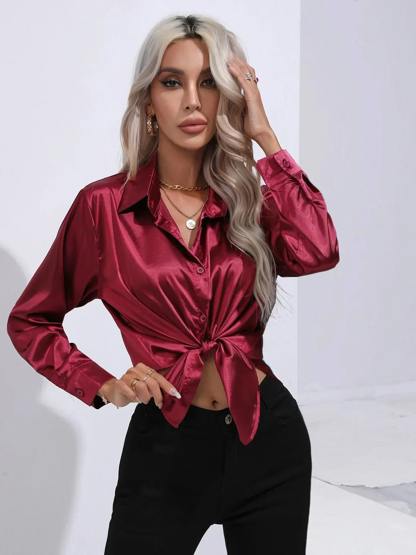 Women's Blouse - Satin - Relaxed Fit - Long Sleeves - Classic Button Closure - Image 57