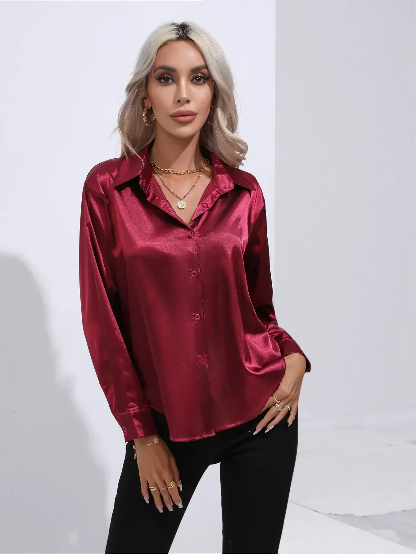 Women's Blouse - Satin - Relaxed Fit - Long Sleeves - Classic Button Closure - Image 58