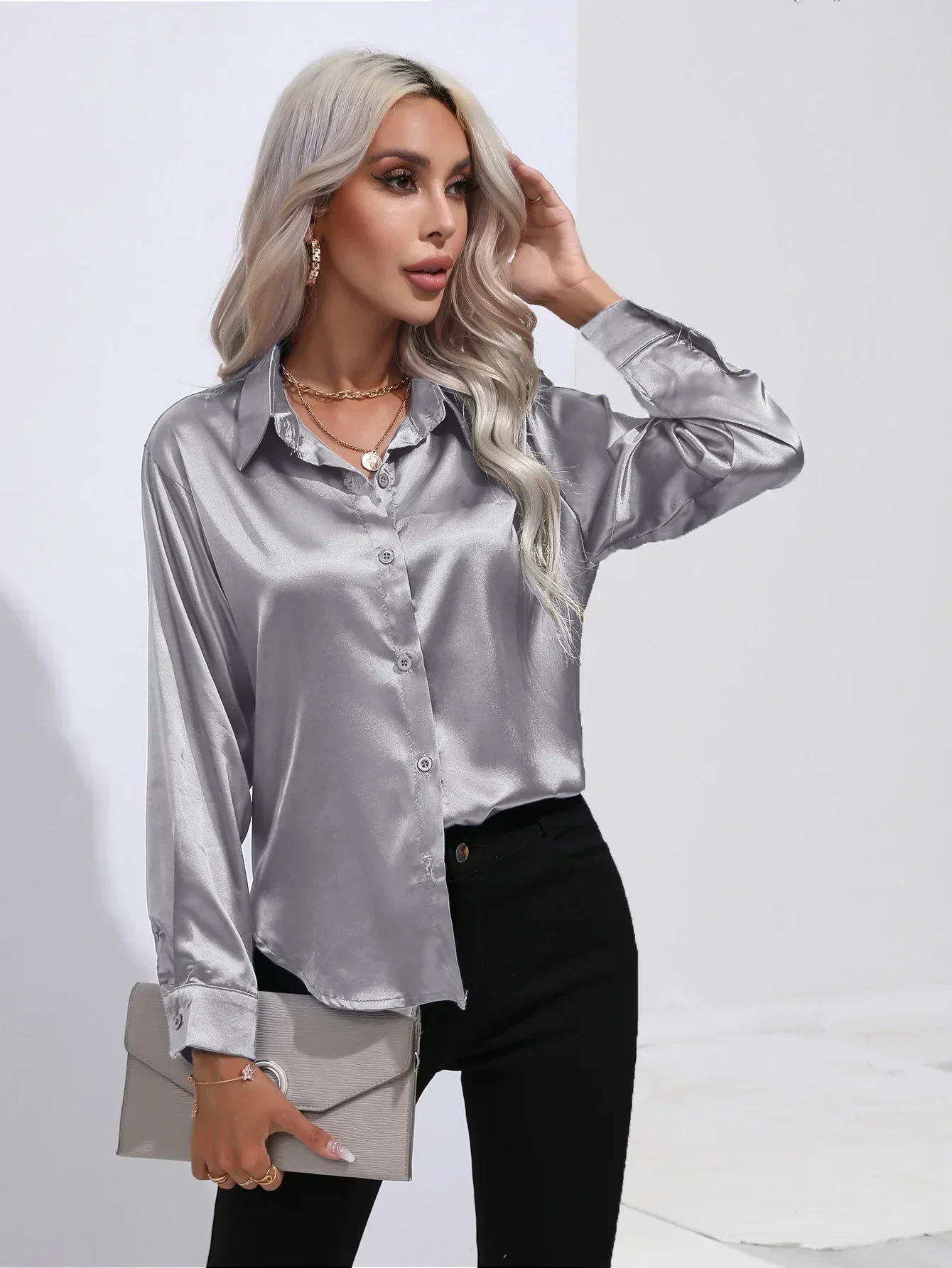 Women's Blouse - Satin - Relaxed Fit - Long Sleeves - Classic Button Closure - Image 60