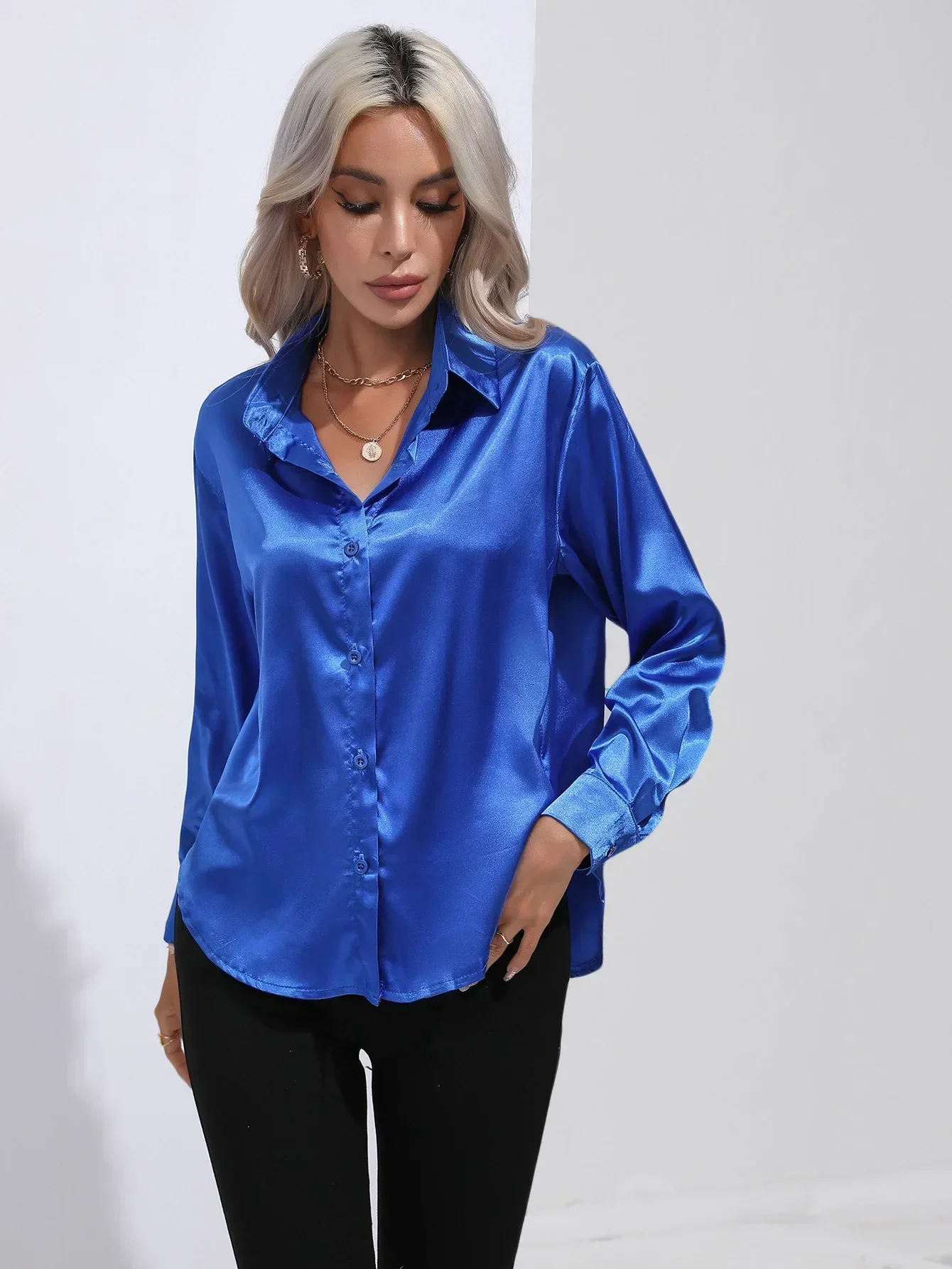 Women's Blouse - Satin - Relaxed Fit - Long Sleeves - Classic Button Closure - Image 61
