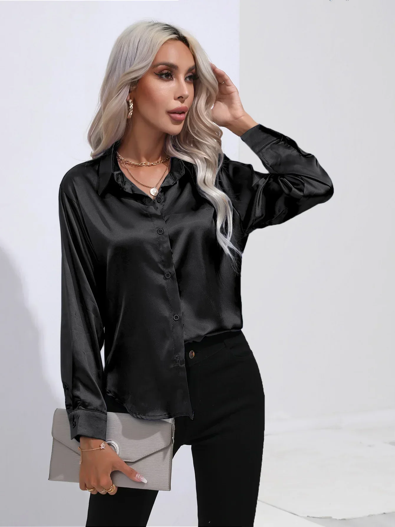 Women's Blouse - Satin - Relaxed Fit - Long Sleeves - Classic Button Closure - Image 64