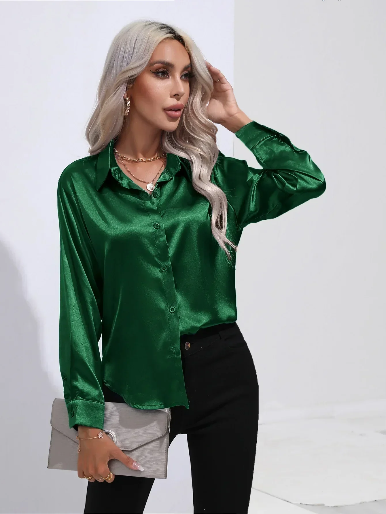 Women's Blouse - Satin - Relaxed Fit - Long Sleeves - Classic Button Closure - Image 65