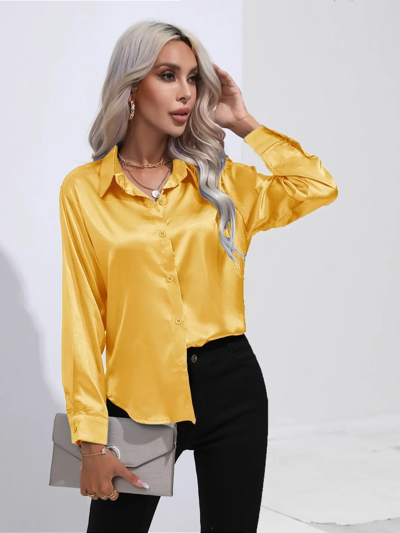 Women's Blouse - Satin - Relaxed Fit - Long Sleeves - Classic Button Closure - Image 67