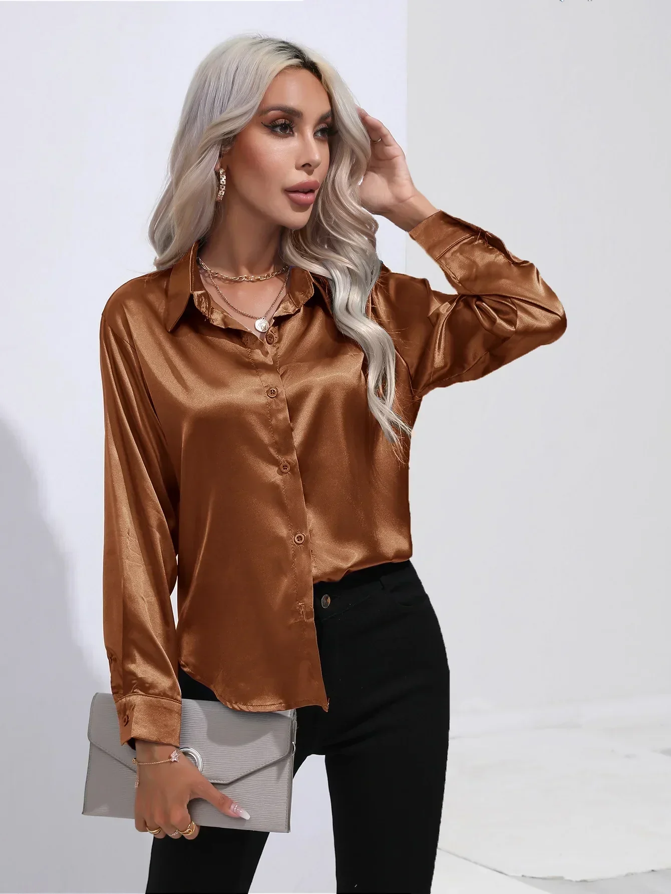 Women's Blouse - Satin - Relaxed Fit - Long Sleeves - Classic Button Closure - Image 68