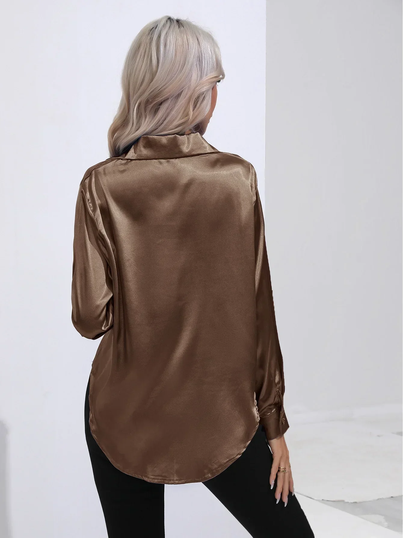Women's Blouse - Satin - Relaxed Fit - Long Sleeves - Classic Button Closure - Image 7