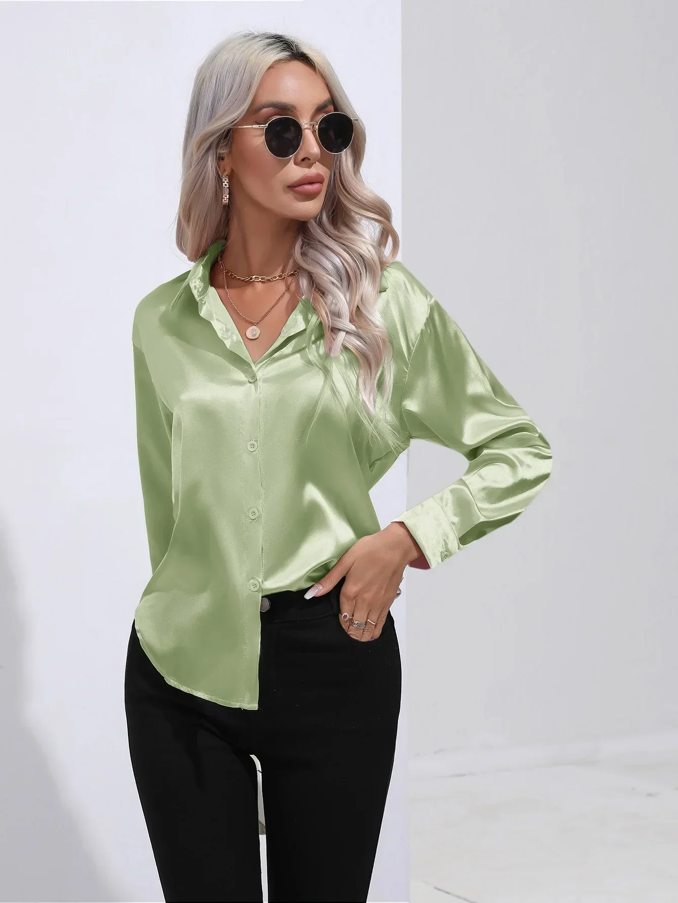 Women's Blouse - Satin - Relaxed Fit - Long Sleeves - Classic Button Closure - Image 71