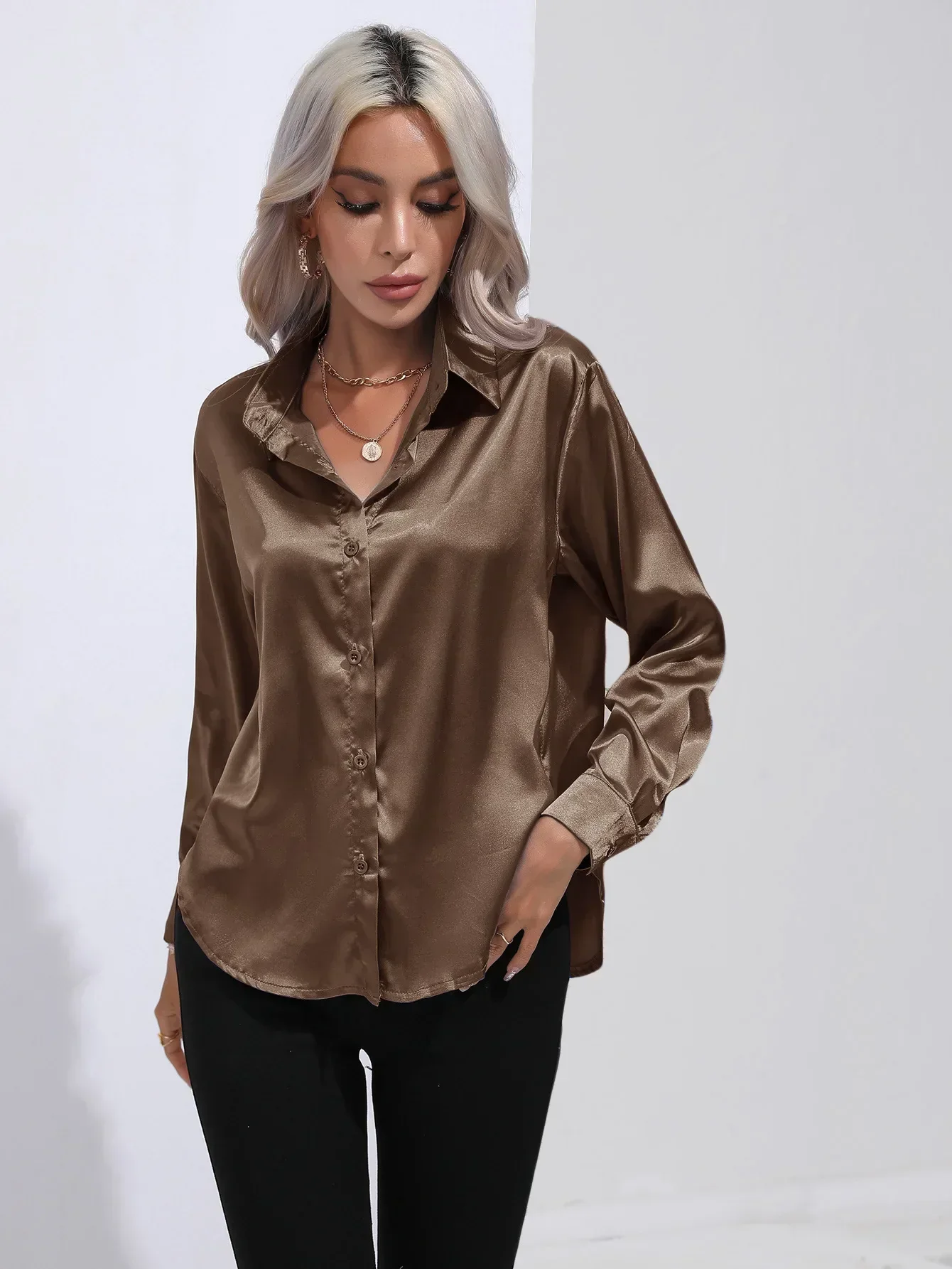 Women's Blouse - Satin - Relaxed Fit - Long Sleeves - Classic Button Closure - Image 72