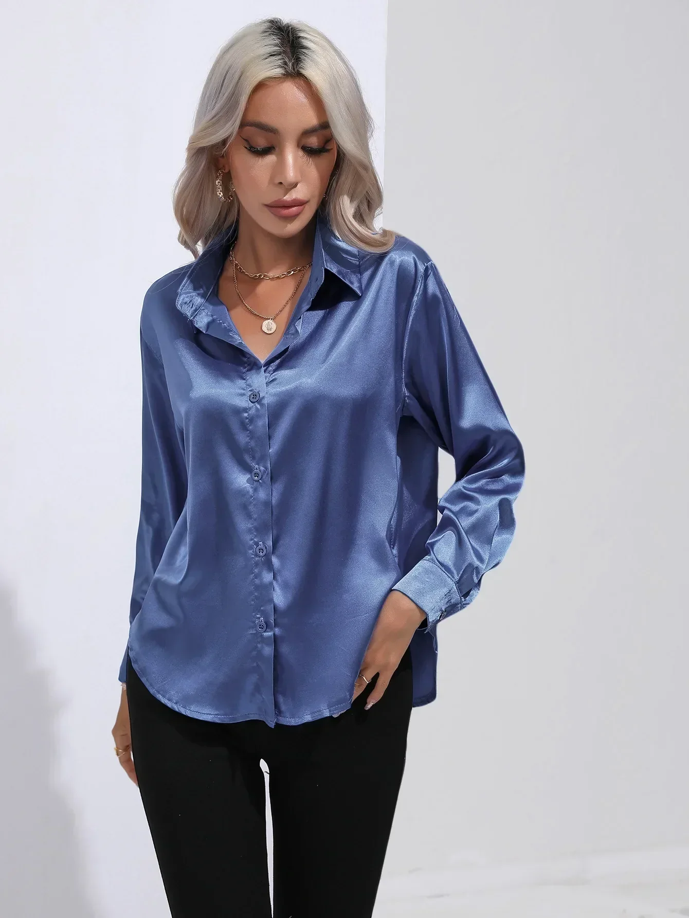 Women's Blouse - Satin - Relaxed Fit - Long Sleeves - Classic Button Closure - Image 75