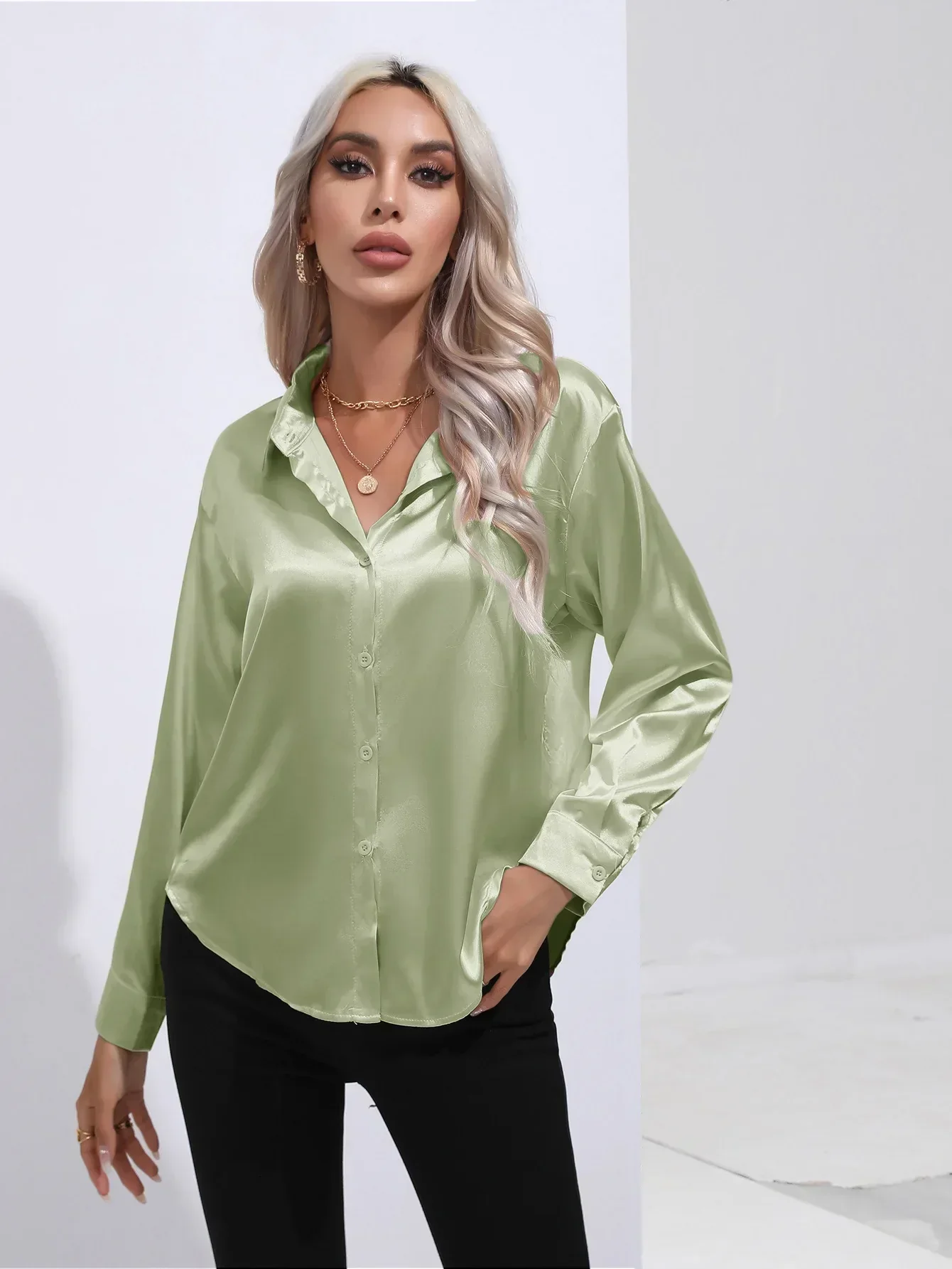 Women's Blouse - Satin - Relaxed Fit - Long Sleeves - Classic Button Closure - Image 76