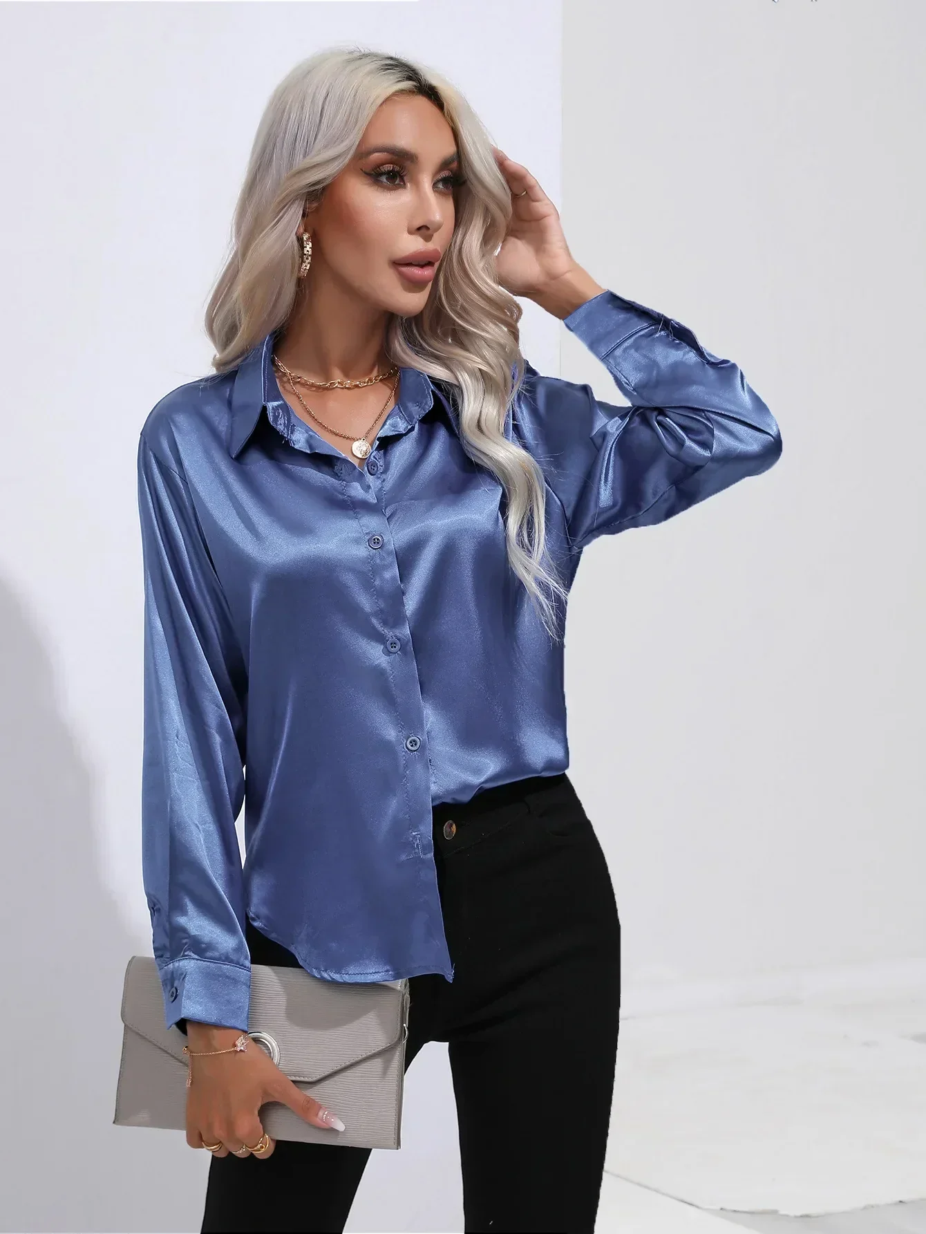 Women's Blouse - Satin - Relaxed Fit - Long Sleeves - Classic Button Closure - Image 77