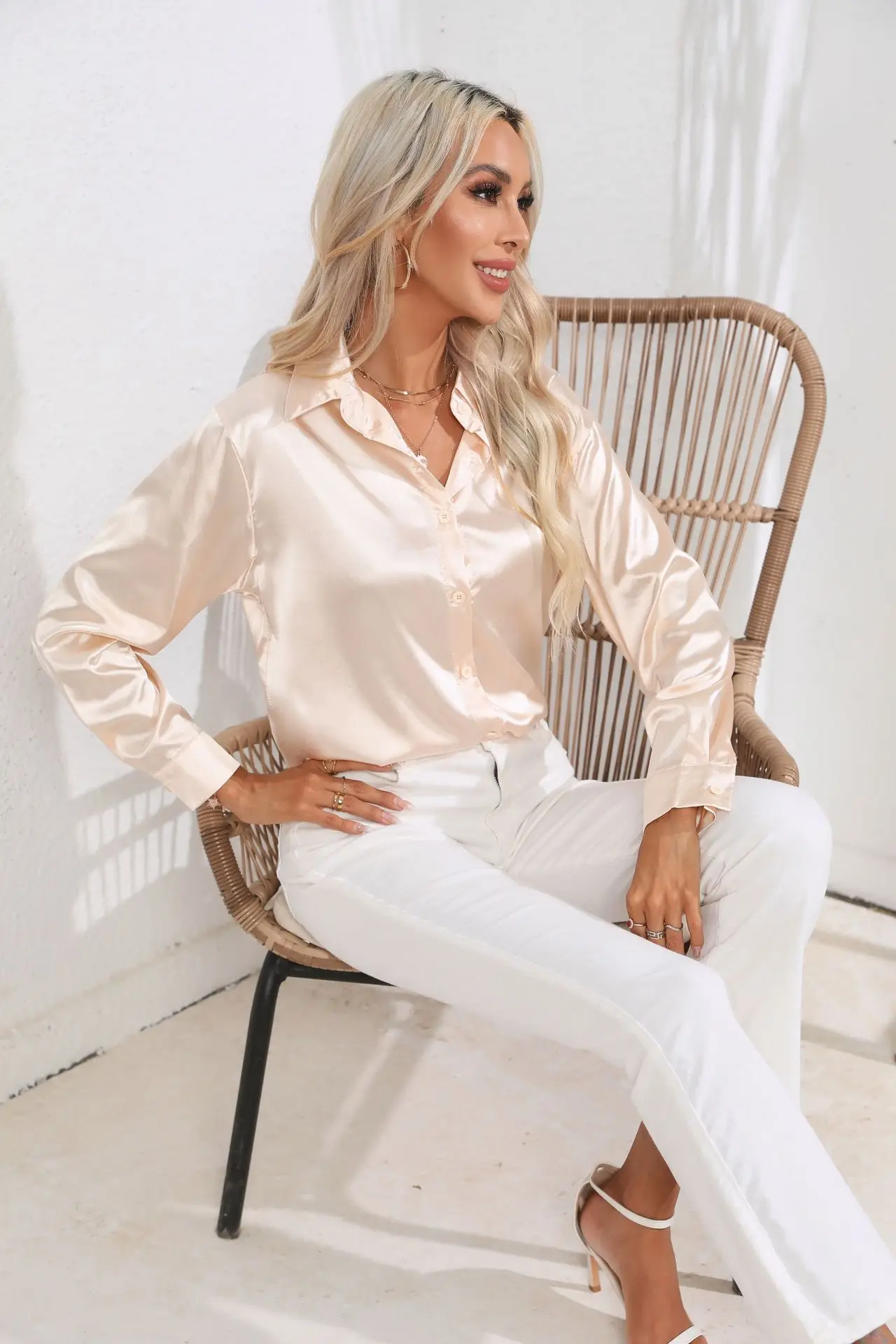 Women's Blouse - Satin - Relaxed Fit - Long Sleeves - Classic Button Closure - Image 79
