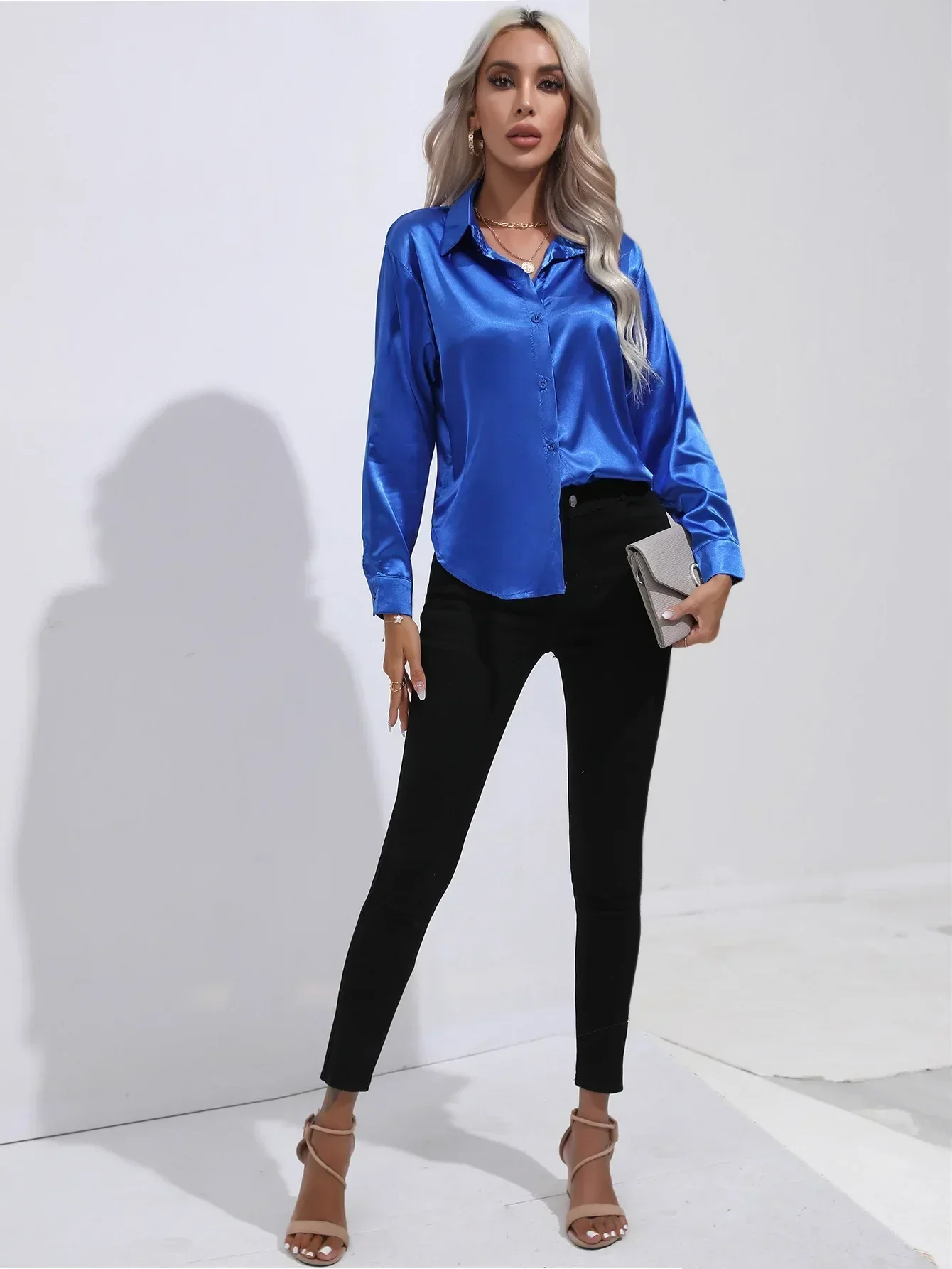Women's Blouse - Satin - Relaxed Fit - Long Sleeves - Classic Button Closure - Image 8