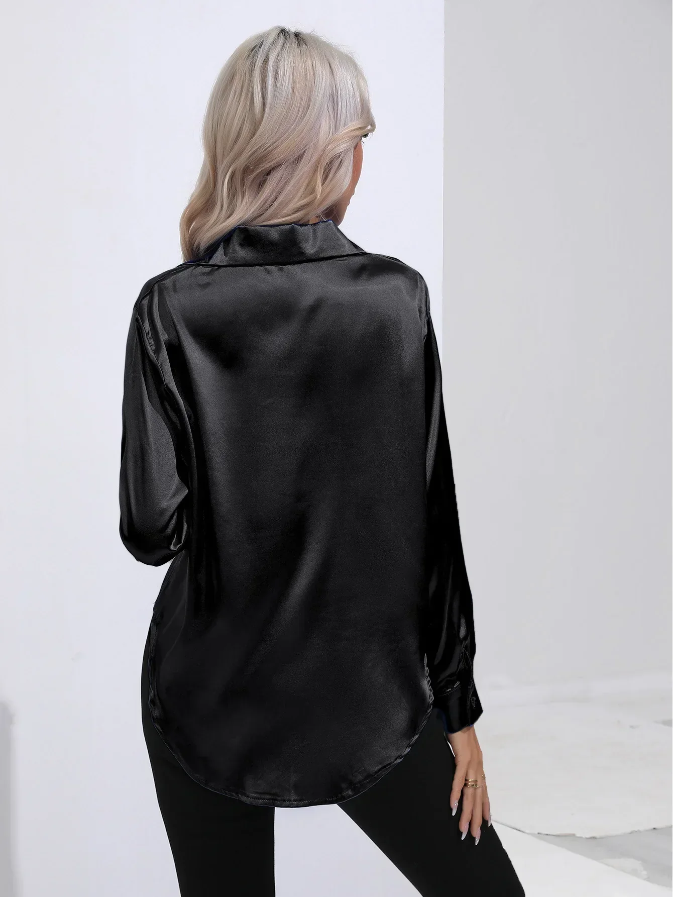Women's Blouse - Satin - Relaxed Fit - Long Sleeves - Classic Button Closure - Image 81