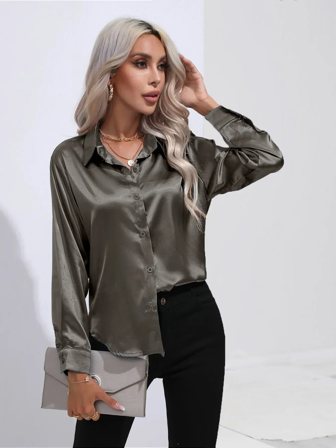 Women's Blouse - Satin - Relaxed Fit - Long Sleeves - Classic Button Closure - Image 83