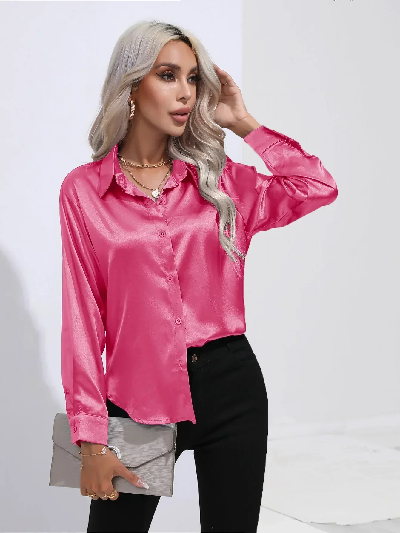 Women's Blouse - Satin - Relaxed Fit - Long Sleeves - Classic Button Closure - Image 84