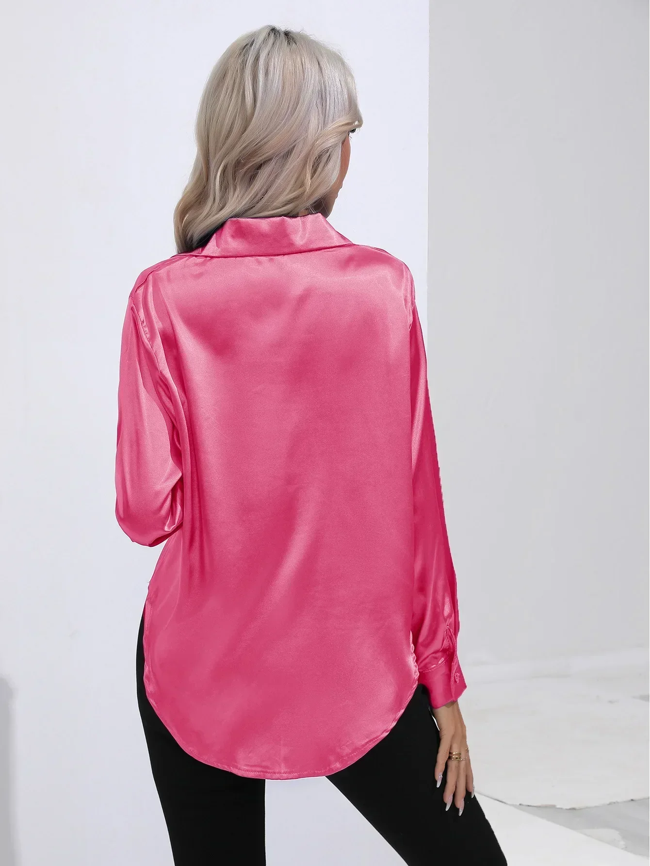 Women's Blouse - Satin - Relaxed Fit - Long Sleeves - Classic Button Closure - Image 85