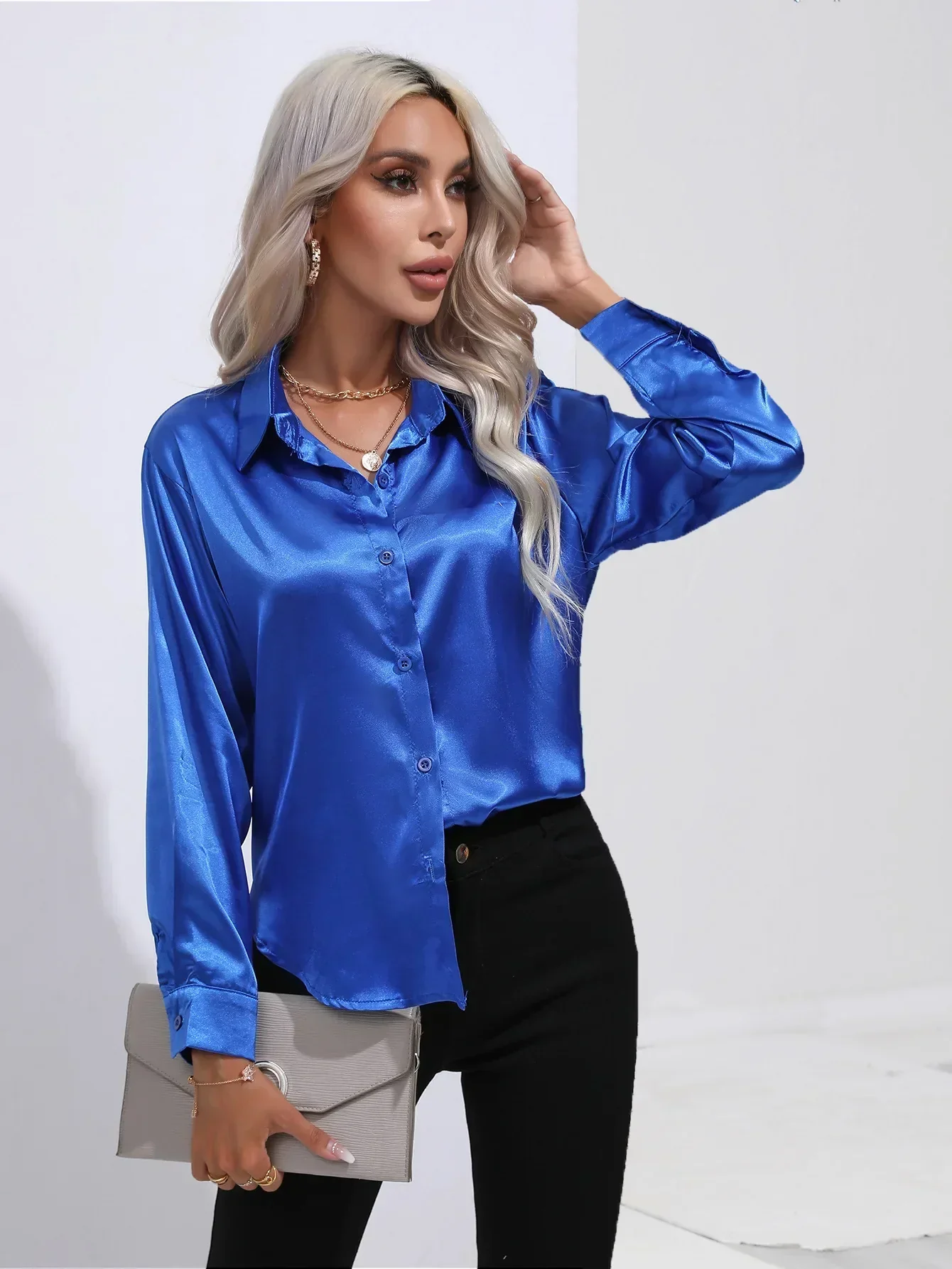 Women's Blouse - Satin - Relaxed Fit - Long Sleeves - Classic Button Closure - Image 86
