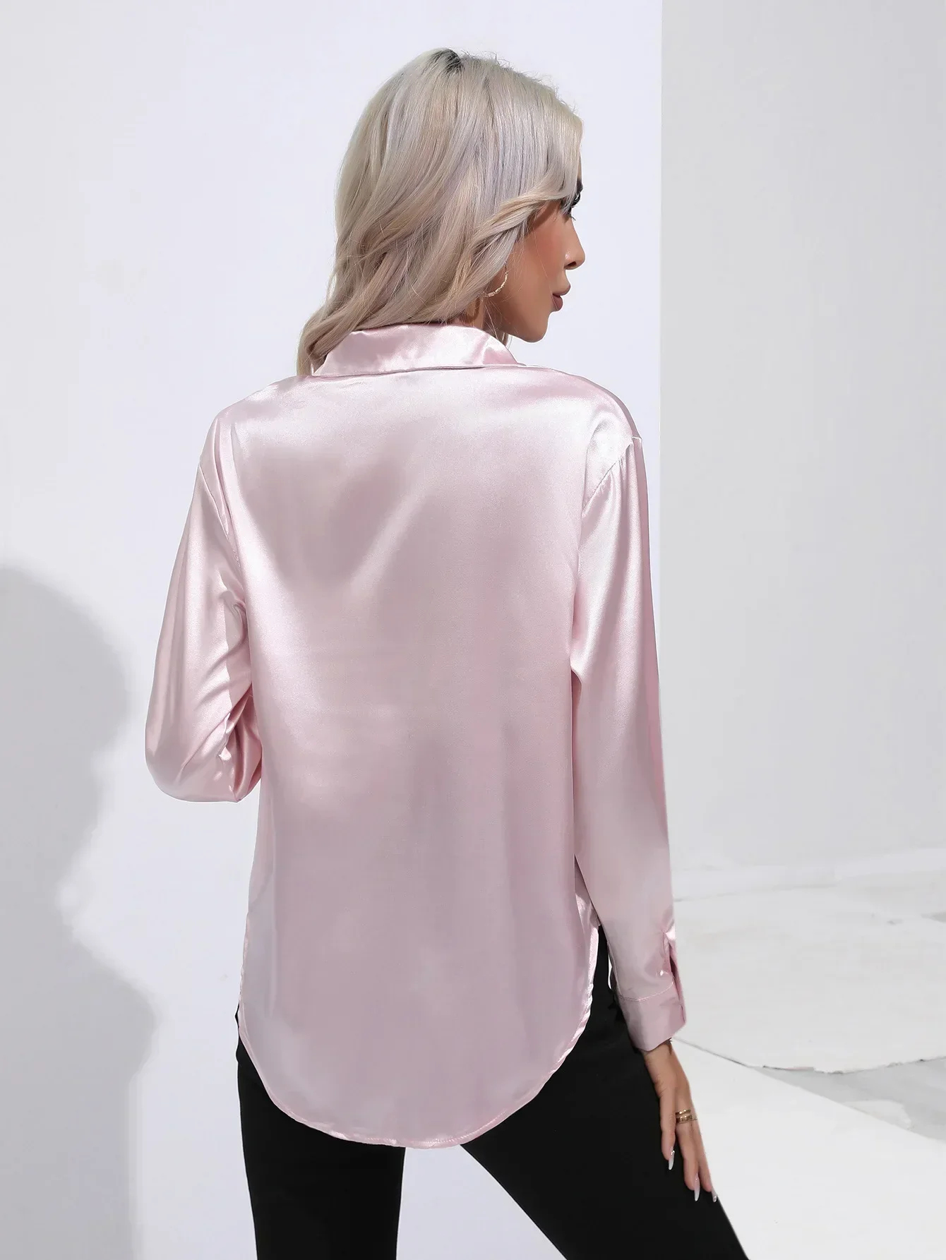 Women's Blouse - Satin - Relaxed Fit - Long Sleeves - Classic Button Closure - Image 88