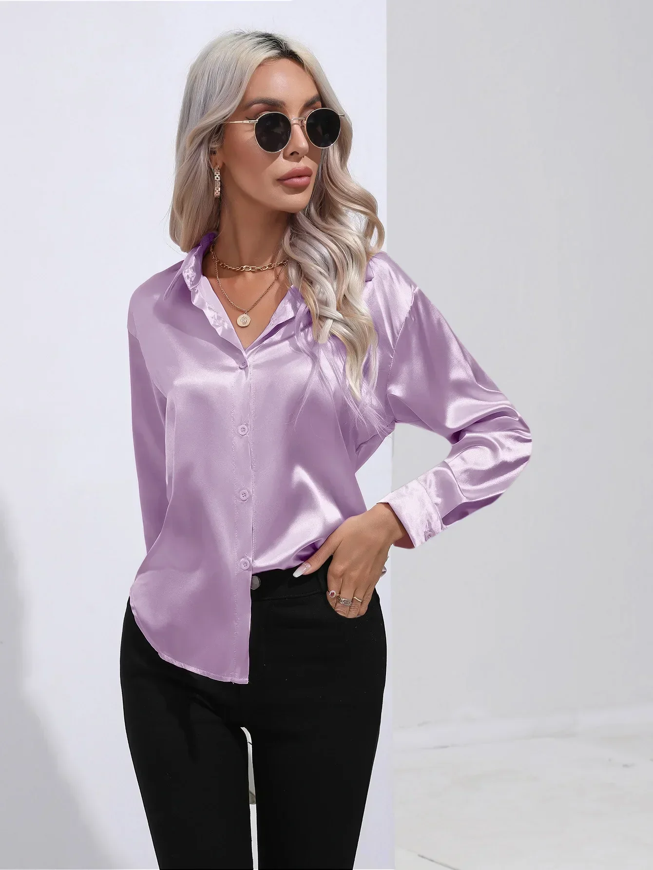 Women's Blouse - Satin - Relaxed Fit - Long Sleeves - Classic Button Closure - Image 89