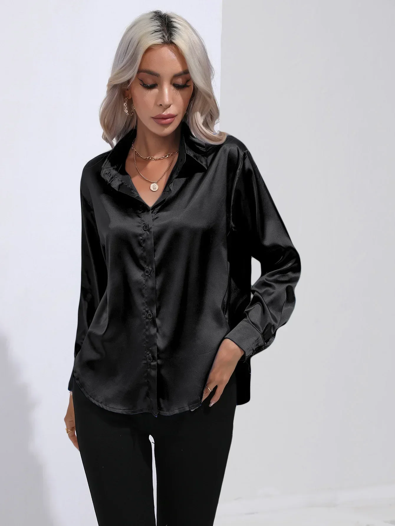 Women's Blouse - Satin - Relaxed Fit - Long Sleeves - Classic Button Closure - Image 9