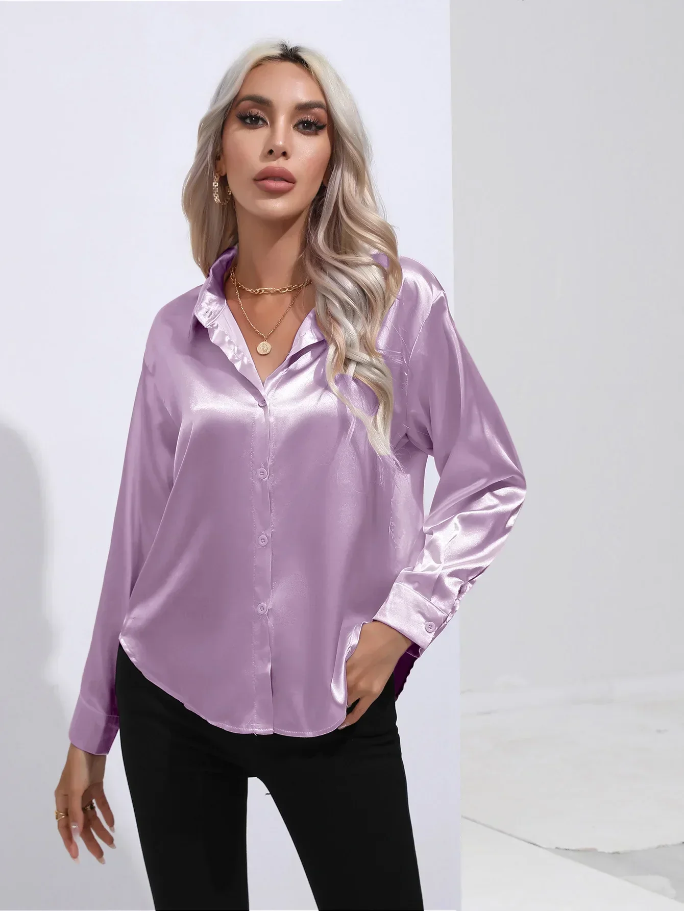 Women's Blouse - Satin - Relaxed Fit - Long Sleeves - Classic Button Closure - Image 90